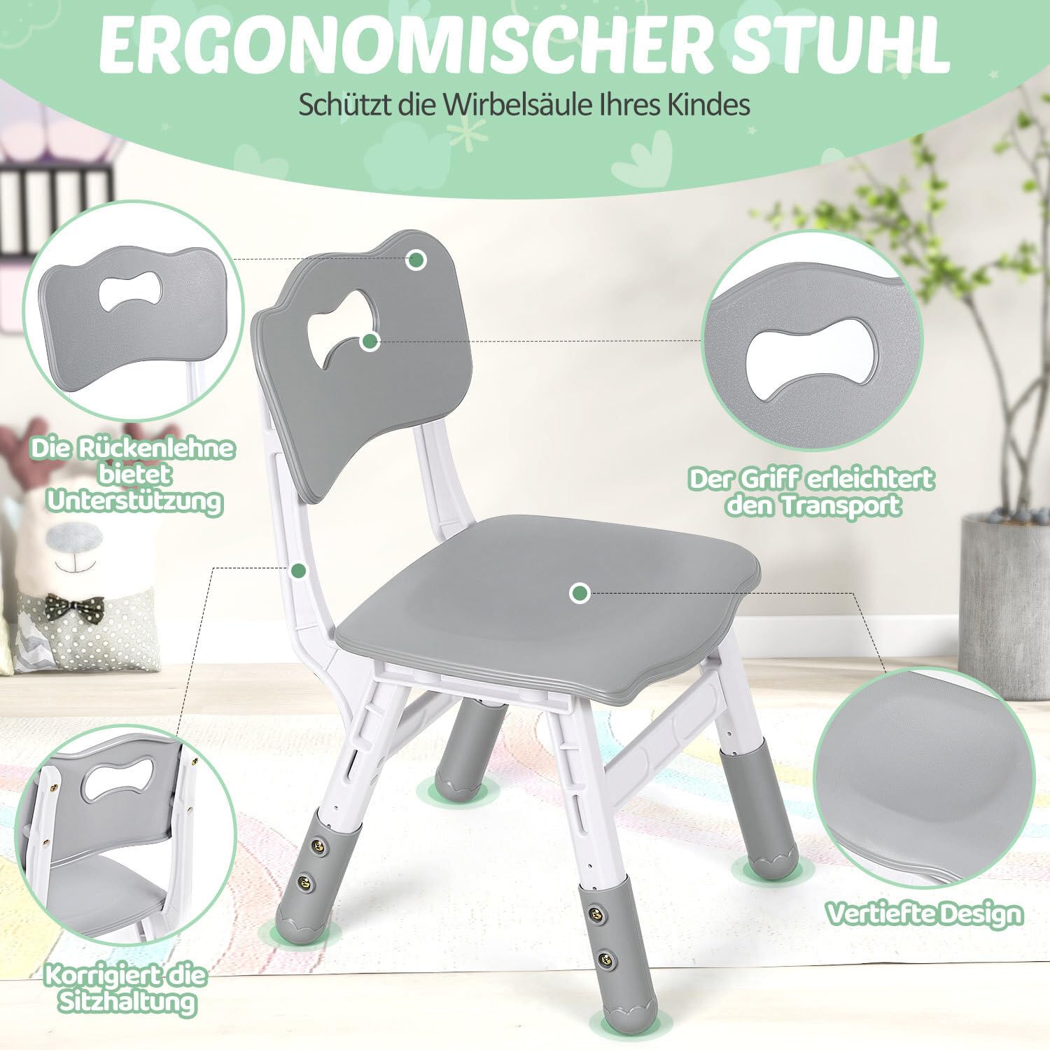 Jopassy Kindertisch 60/80/120 cm 7-fach höhenverstellbar als Mal- und Schreibtisch