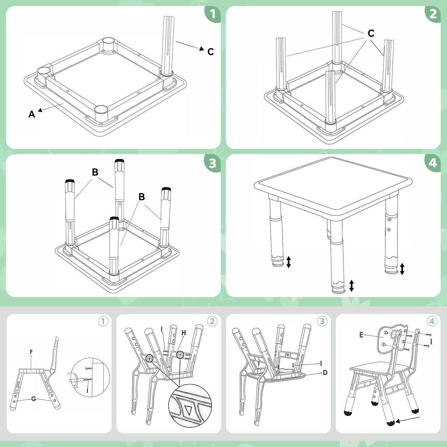 Jopassy Kindertisch 60/80/120 cm 7-fach höhenverstellbar als Mal- und Schreibtisch