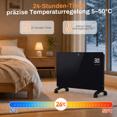 Jopassy WLAN Konvektor Heizung 2000/2500W mit Thermostat und Glasfront