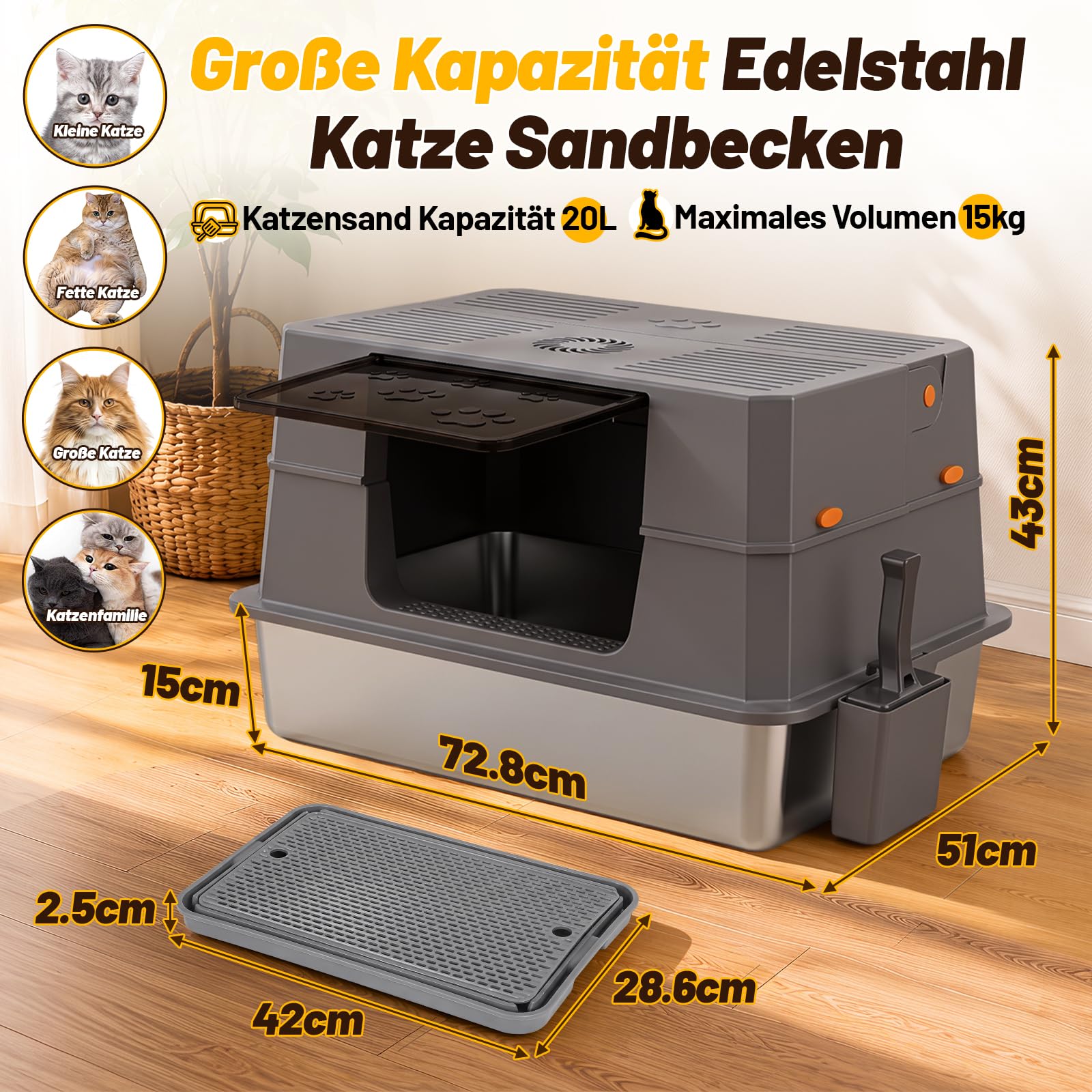 Jopassy Edelstahl Katzentoilette XXXL 71 × 51 × 43 cm mit hohem Rand