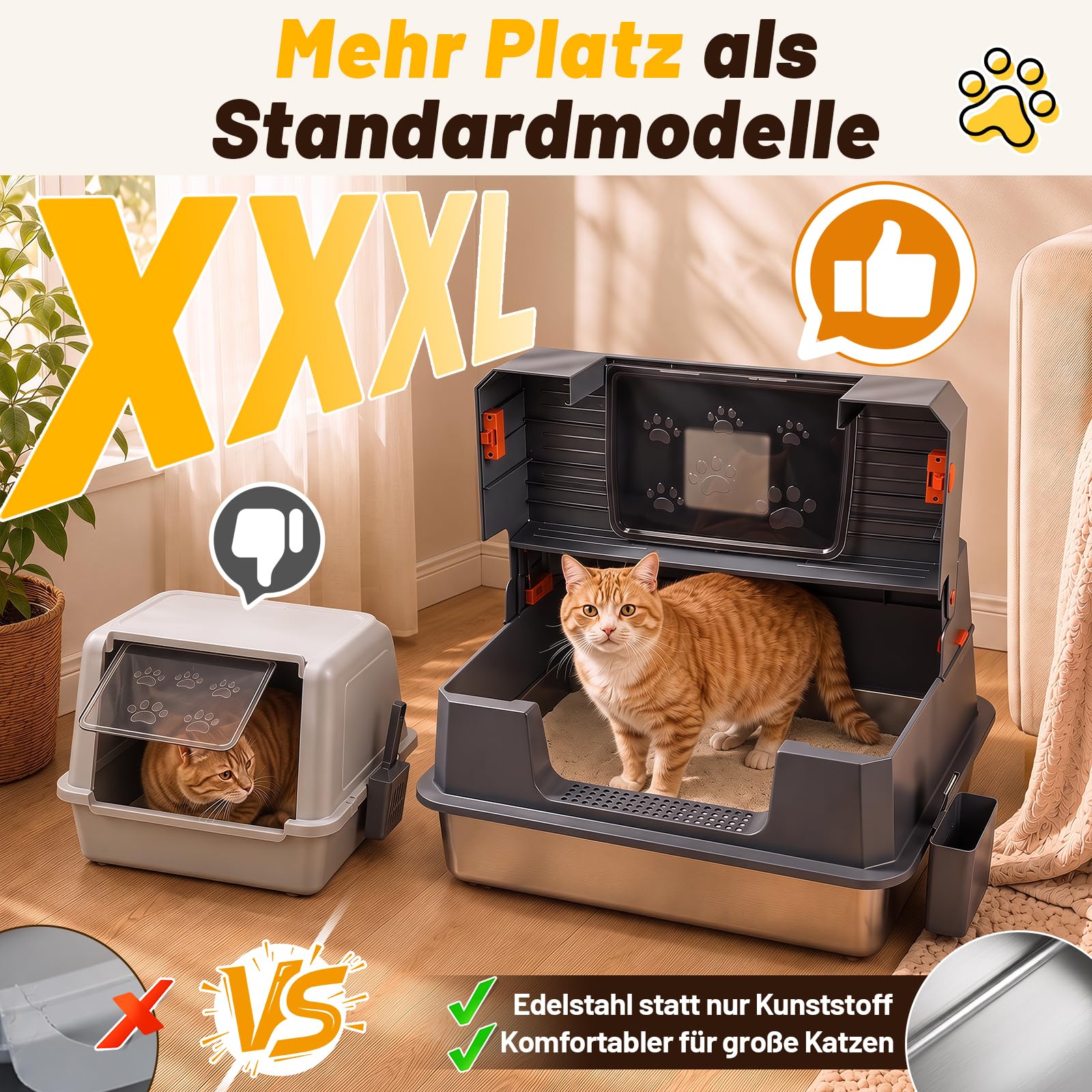 Jopassy Edelstahl Katzentoilette XXXL 71 × 51 × 43 cm mit hohem Rand