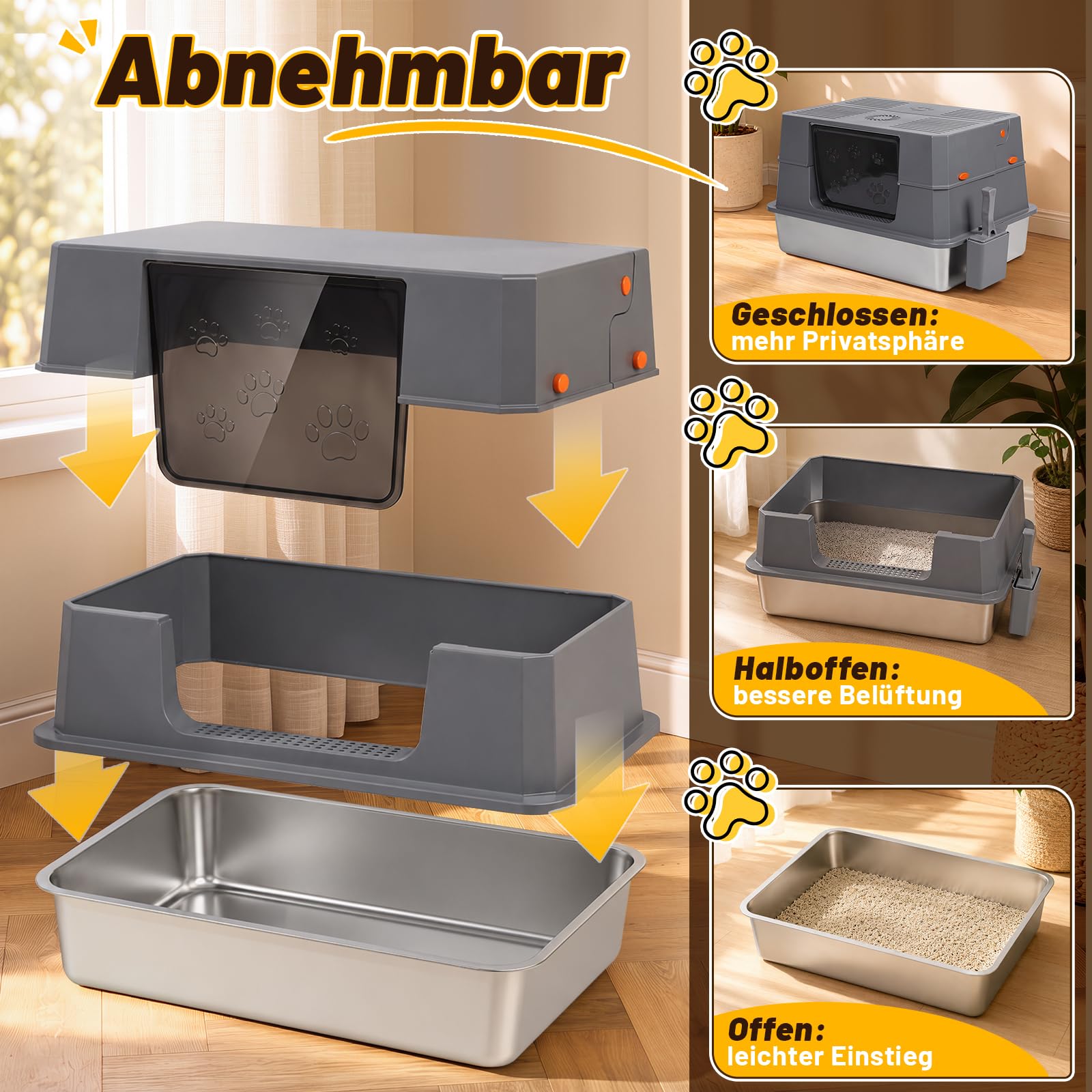 Jopassy Edelstahl Katzentoilette XXXL 71 × 51 × 43 cm mit hohem Rand