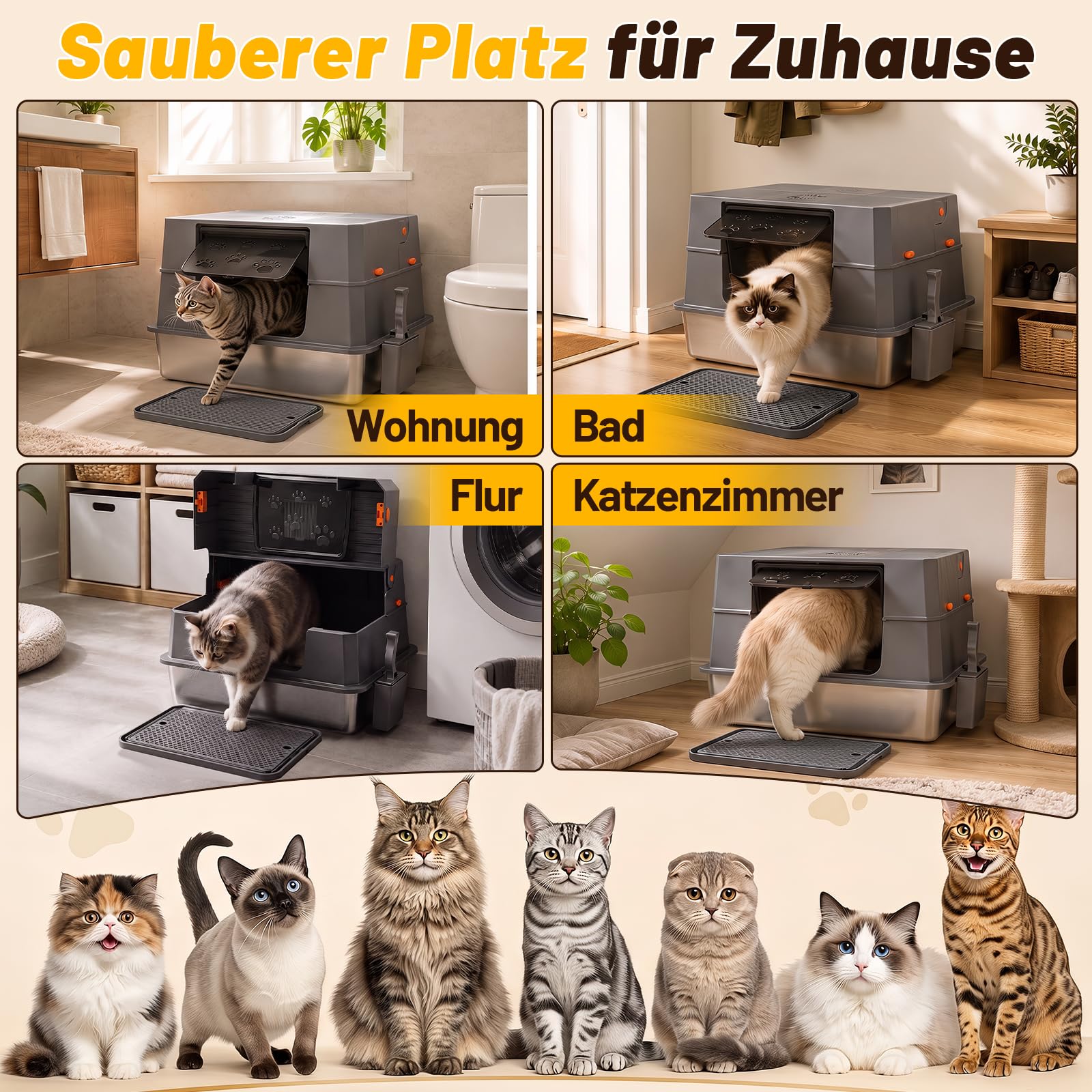 Jopassy Edelstahl Katzentoilette XXXL 71 × 51 × 43 cm mit hohem Rand
