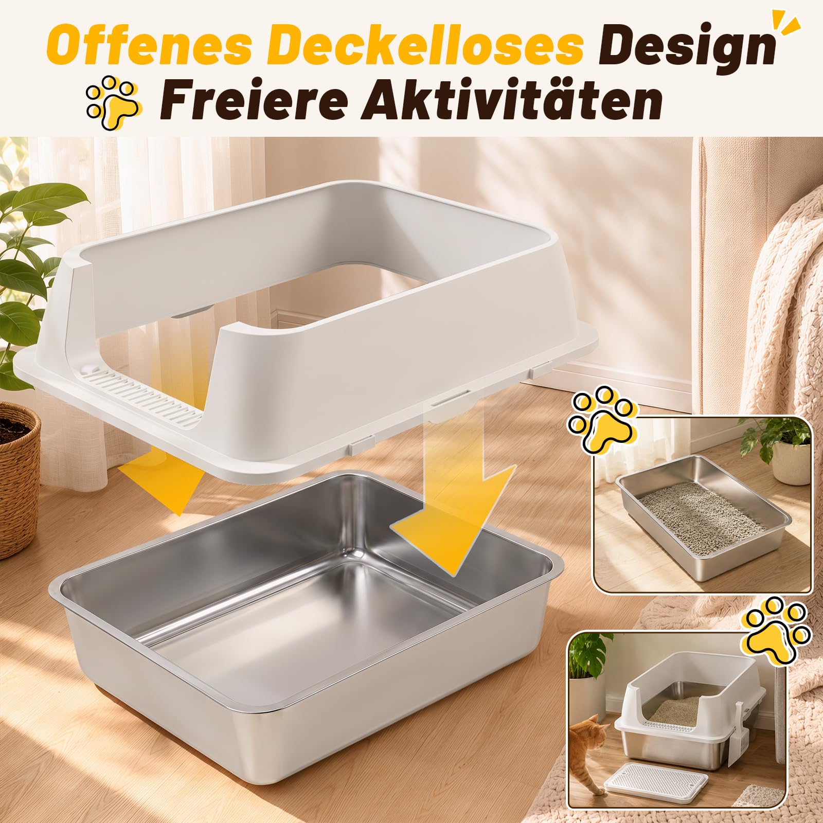 Jopassy Offenes Edelstahl Katzenklo XXXL 71 × 51 × 30 cm mit hohem Rand