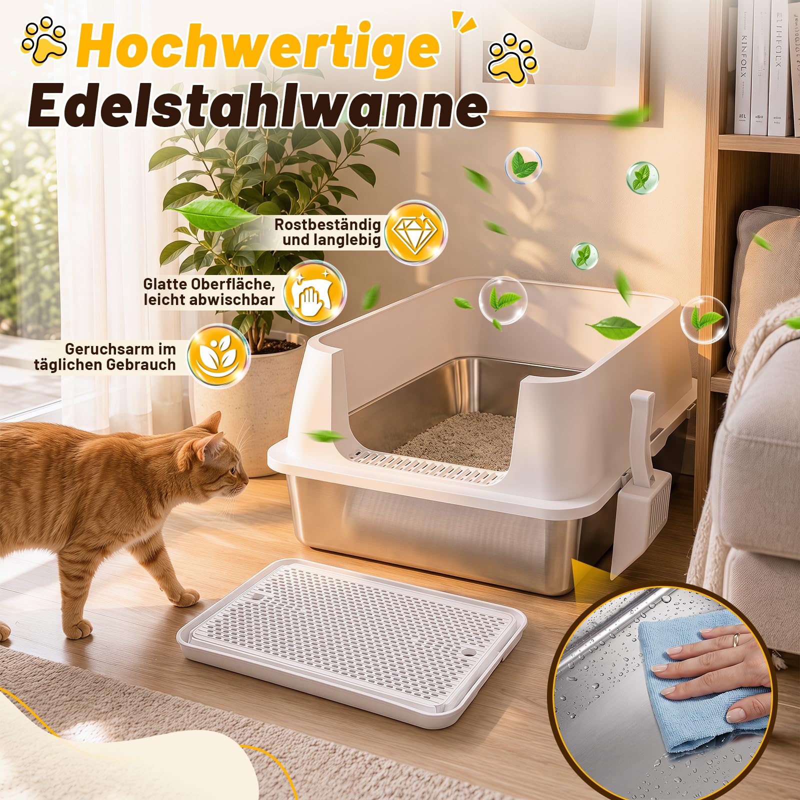 Jopassy Offenes Edelstahl Katzenklo XXXL 71 × 51 × 30 cm mit hohem Rand
