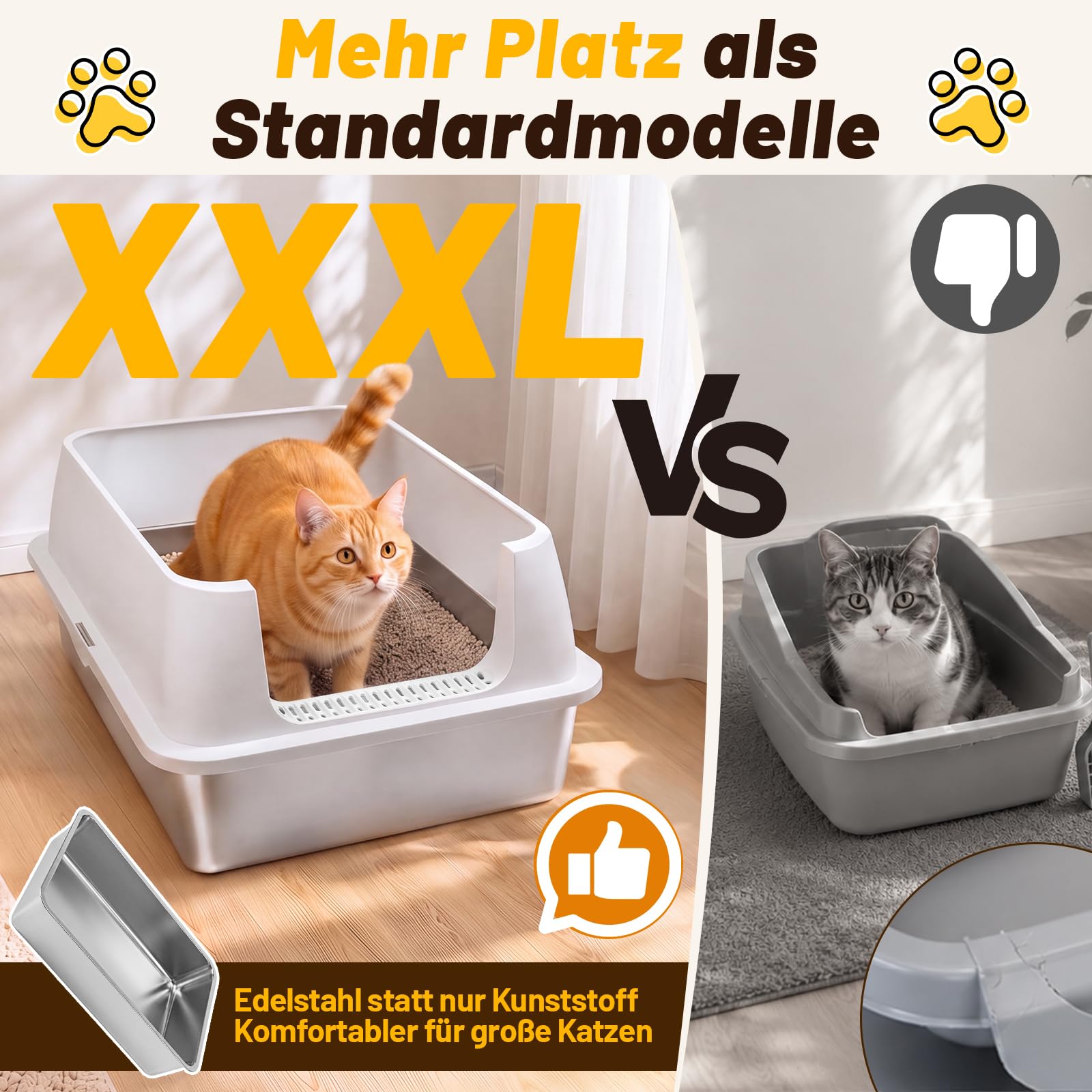 Jopassy Offenes Edelstahl Katzenklo XXXL 71 × 51 × 30 cm mit hohem Rand