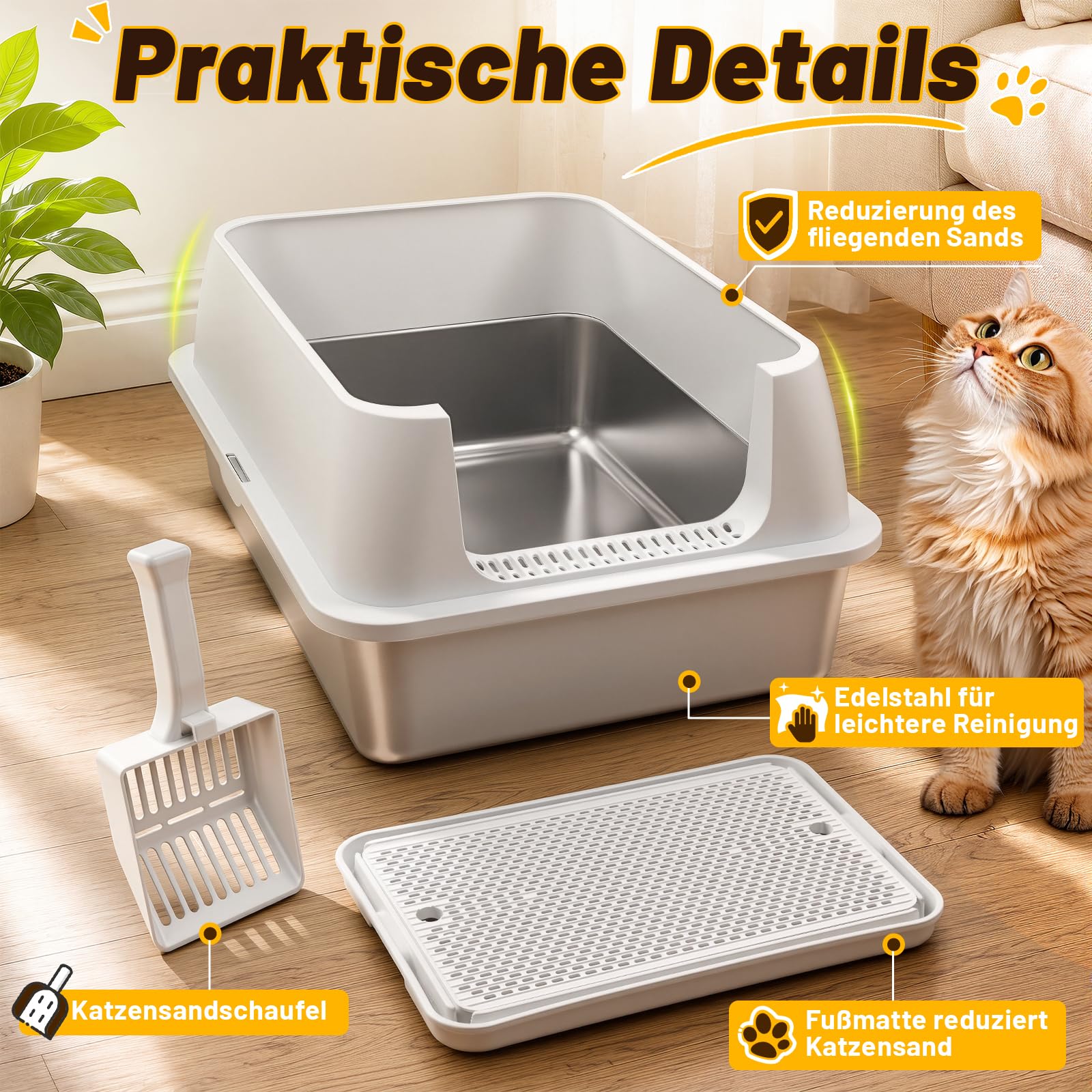 Jopassy Offenes Edelstahl Katzenklo XXXL 71 × 51 × 30 cm mit hohem Rand