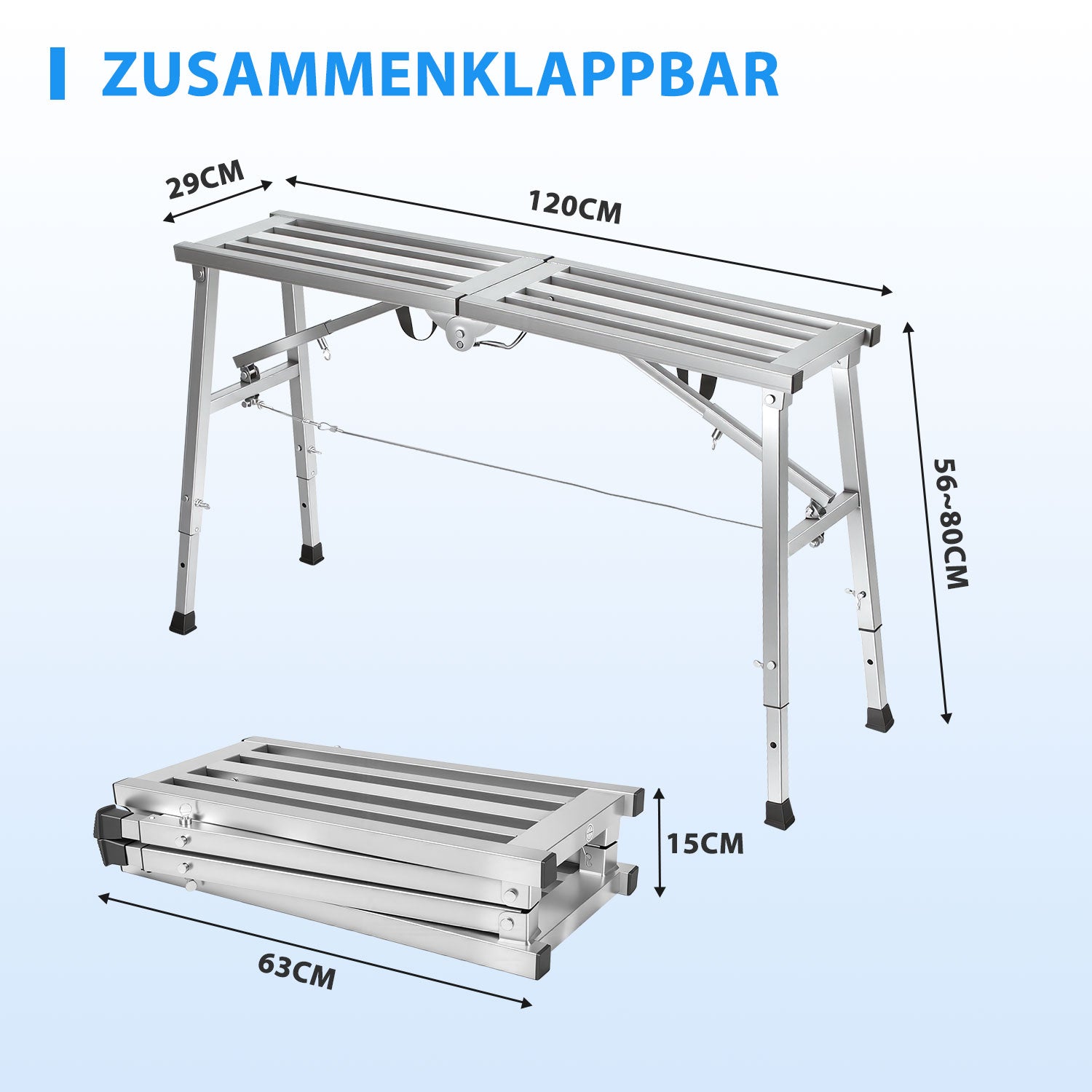 Jopassy Arbeitsplattform 120 × 29 cm Klappbar 3-fach Höhenverstellbar 56–80 cm bis 150 kg