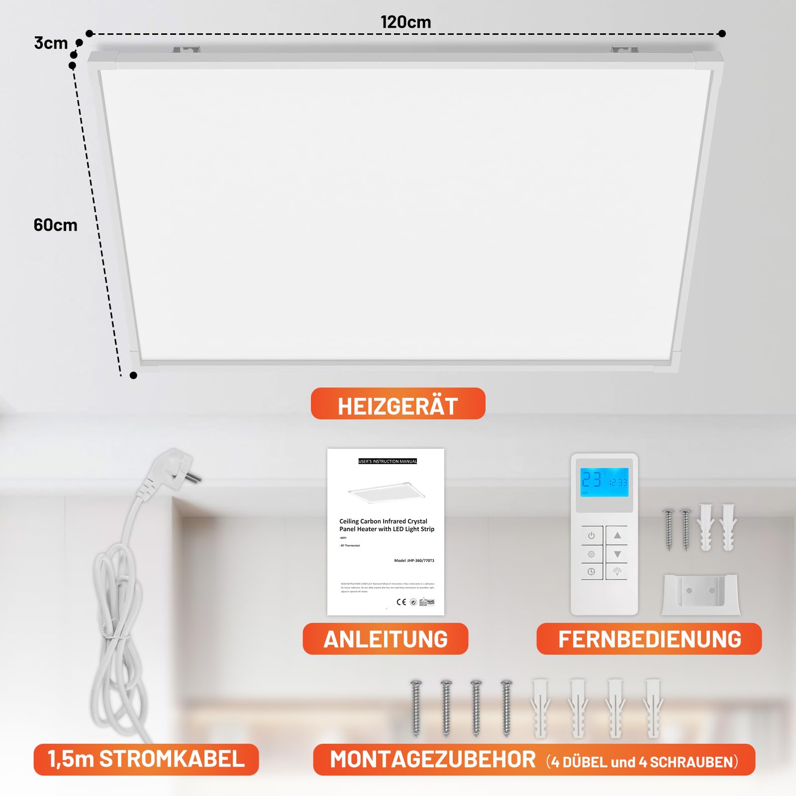 Jopassy Infrarot Deckenheizung 360/770W mit Thermostat WLAN und LED Licht