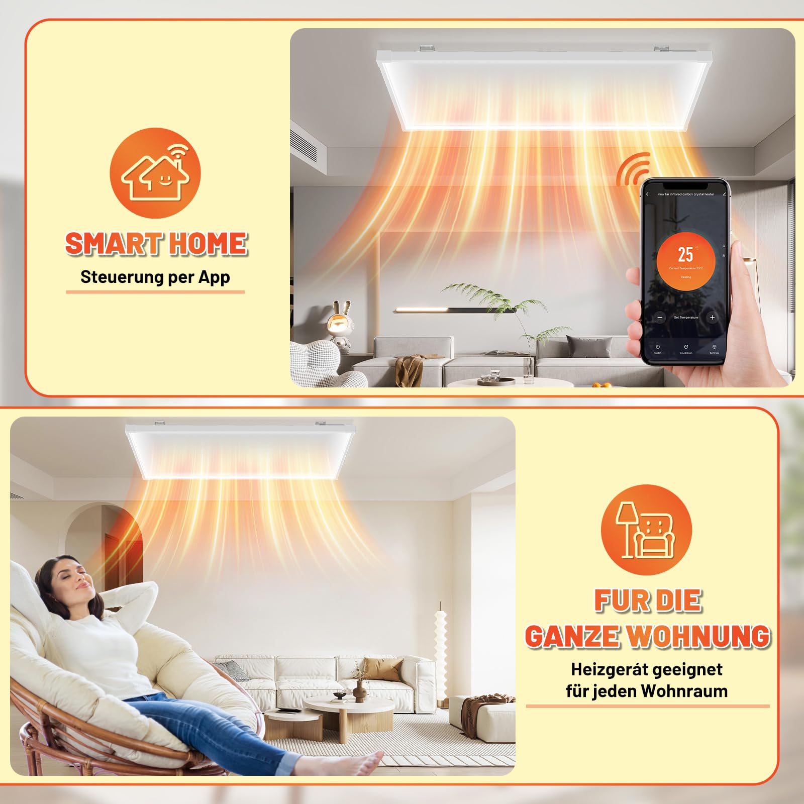 Jopassy Infrarot Deckenheizung 360/770W mit Thermostat WLAN und LED Licht