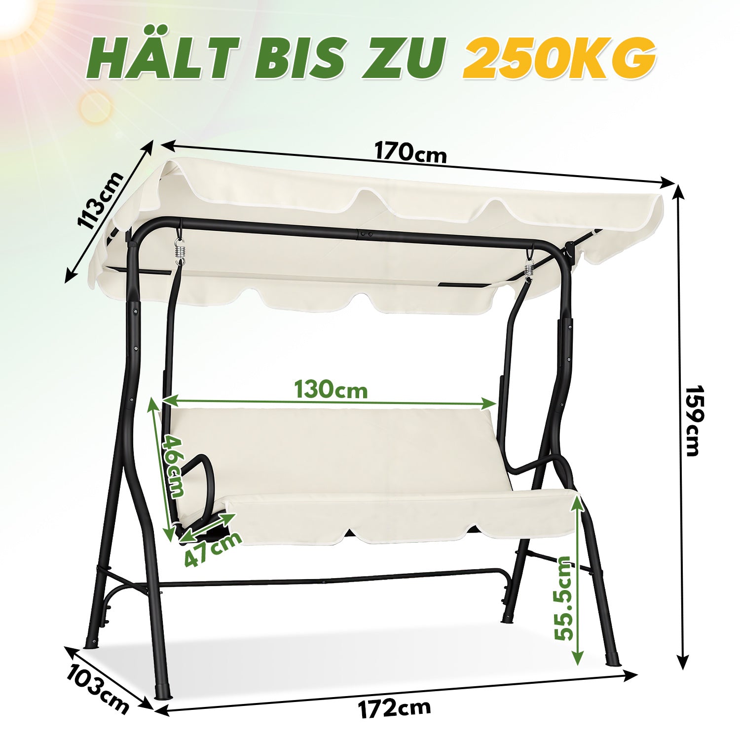 Jopassy 3 Sitzer Gartenschaukel mit Sonnendach bis 250 kg