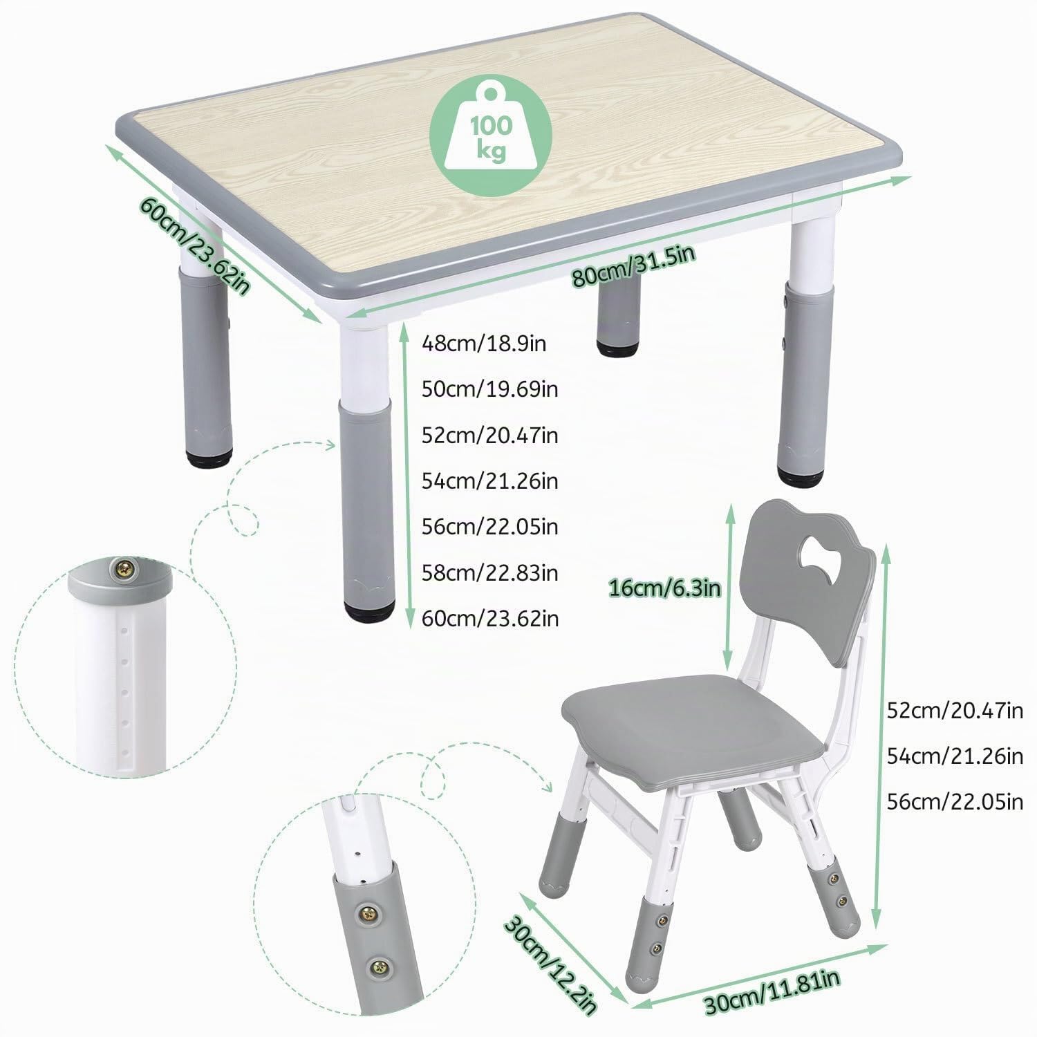 Jopassy Kindertisch 60/80/120 cm 7-fach höhenverstellbar als Mal- und Schreibtisch