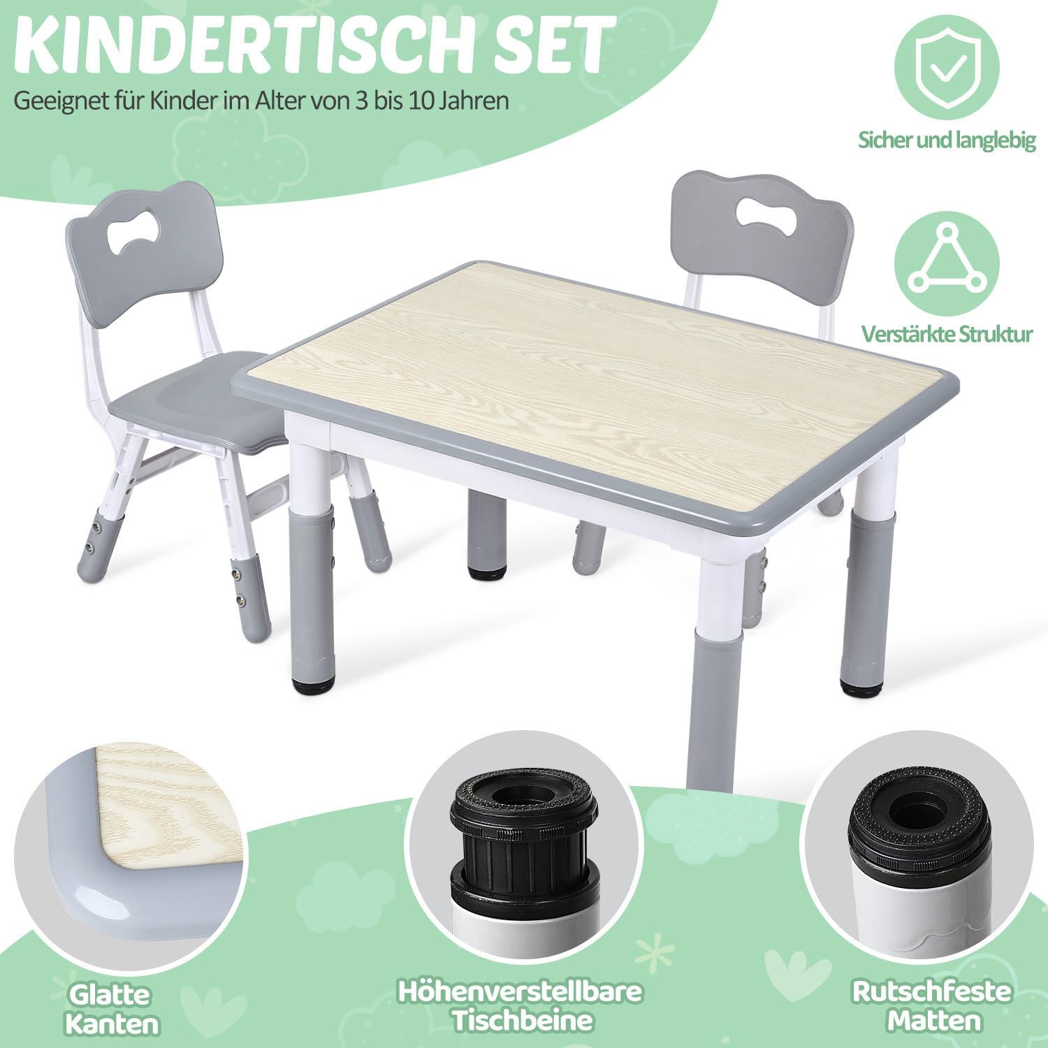 Jopassy Kindertisch 60/80/120 cm 7-fach höhenverstellbar als Mal- und Schreibtisch