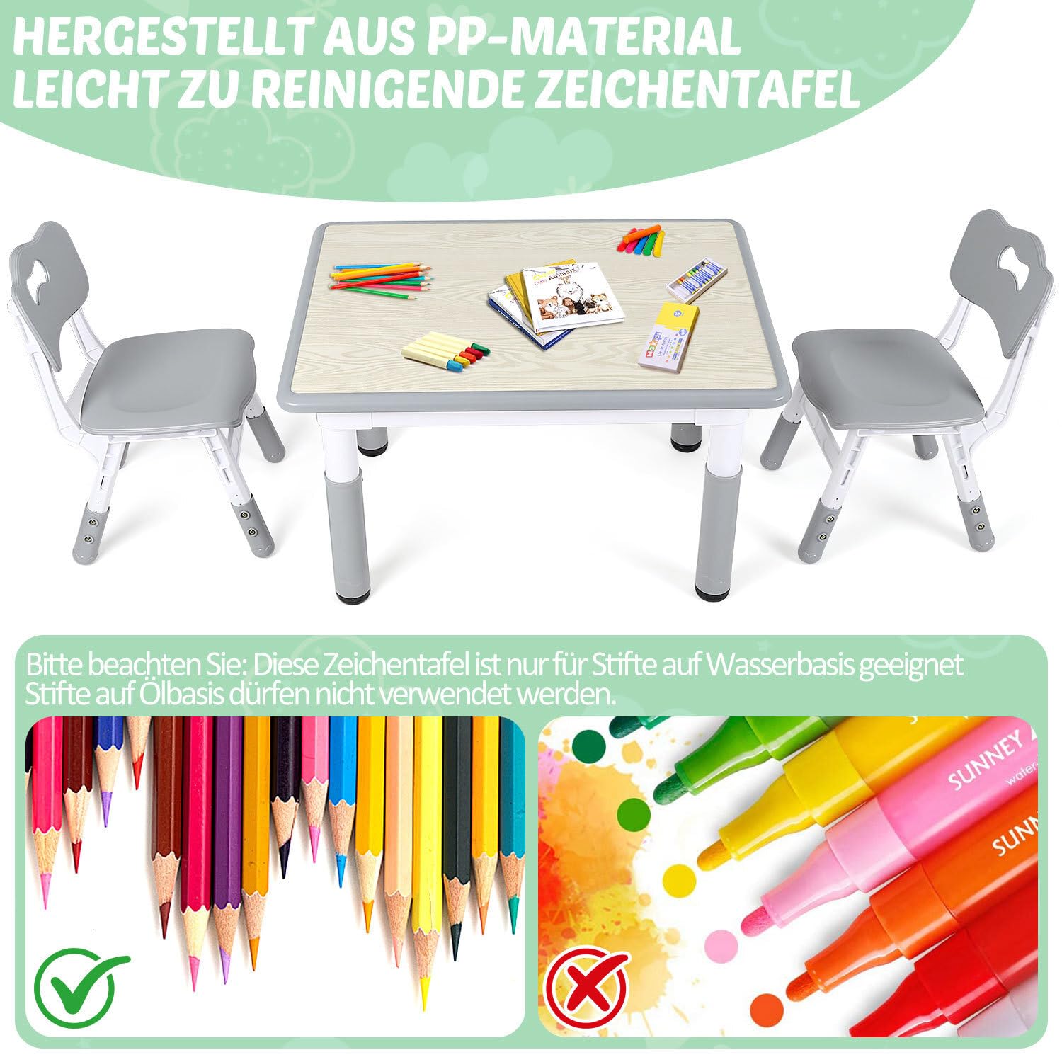 Jopassy Kindertisch 60/80/120 cm 7-fach höhenverstellbar als Mal- und Schreibtisch