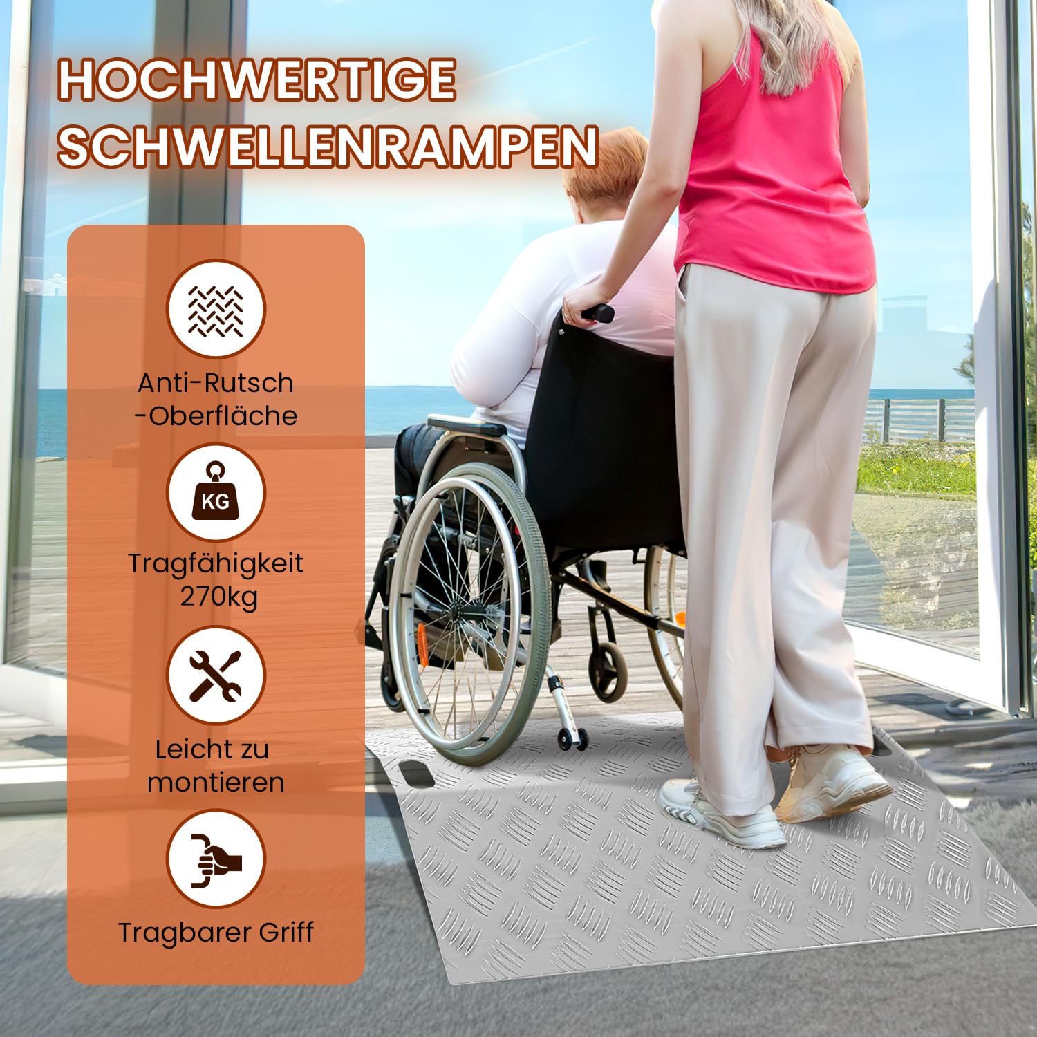 Jopassy Türschwellenrampe Aluminium bis 270 kg rutschfest für Türen und Stufen