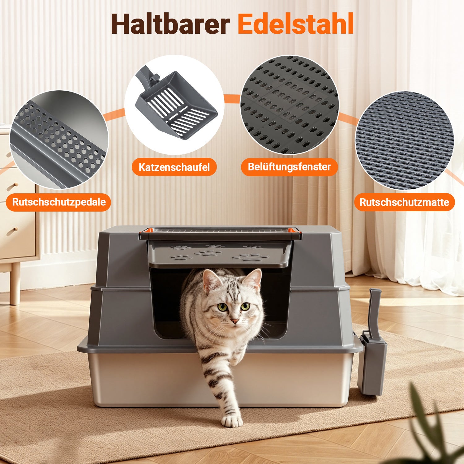 Jopassy XXXL Katzenklo aus Edelstahl mit Deckel 70 × 50 × 43 cm für große Katzen