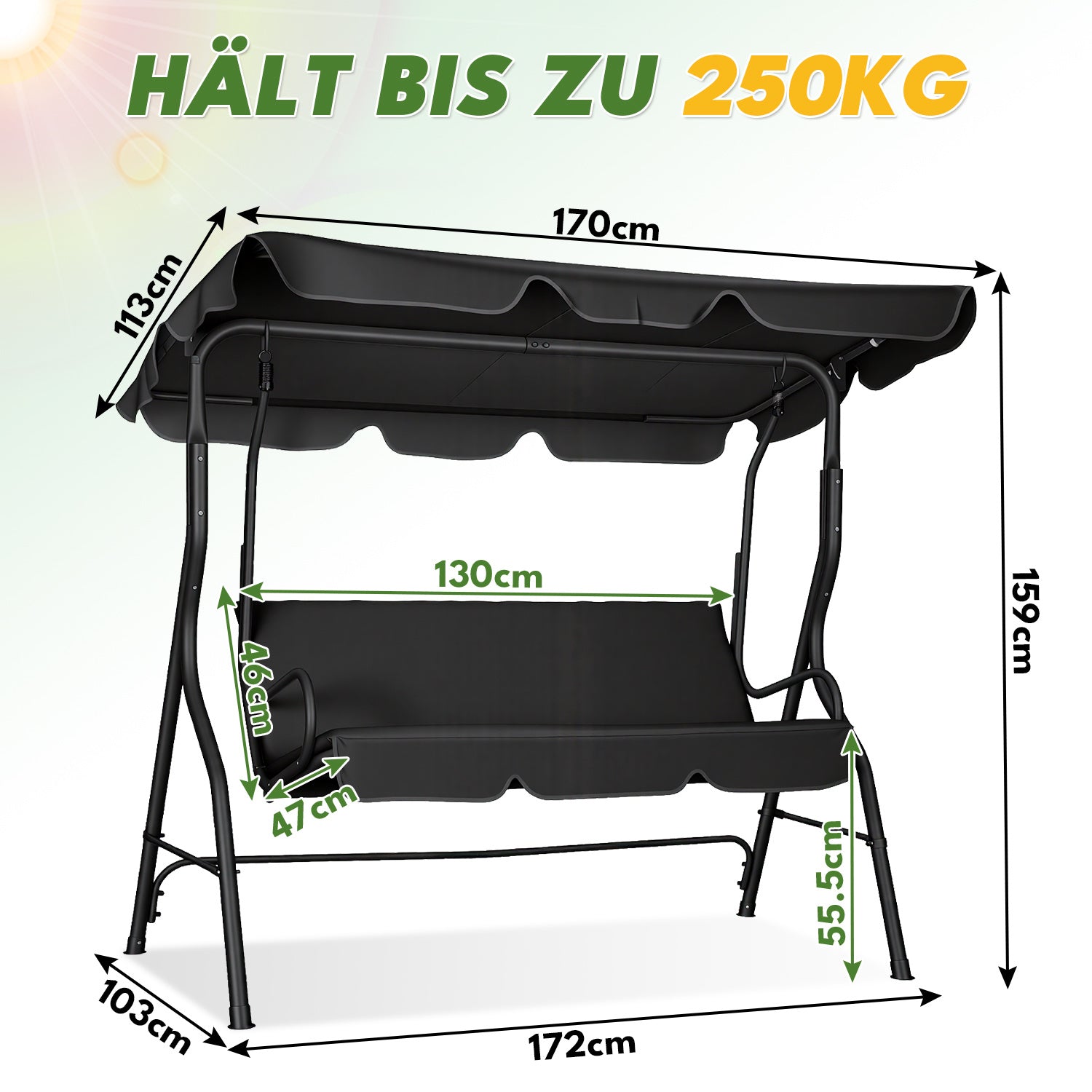 Jopassy 3 Sitzer Gartenschaukel mit Sonnendach bis 250 kg