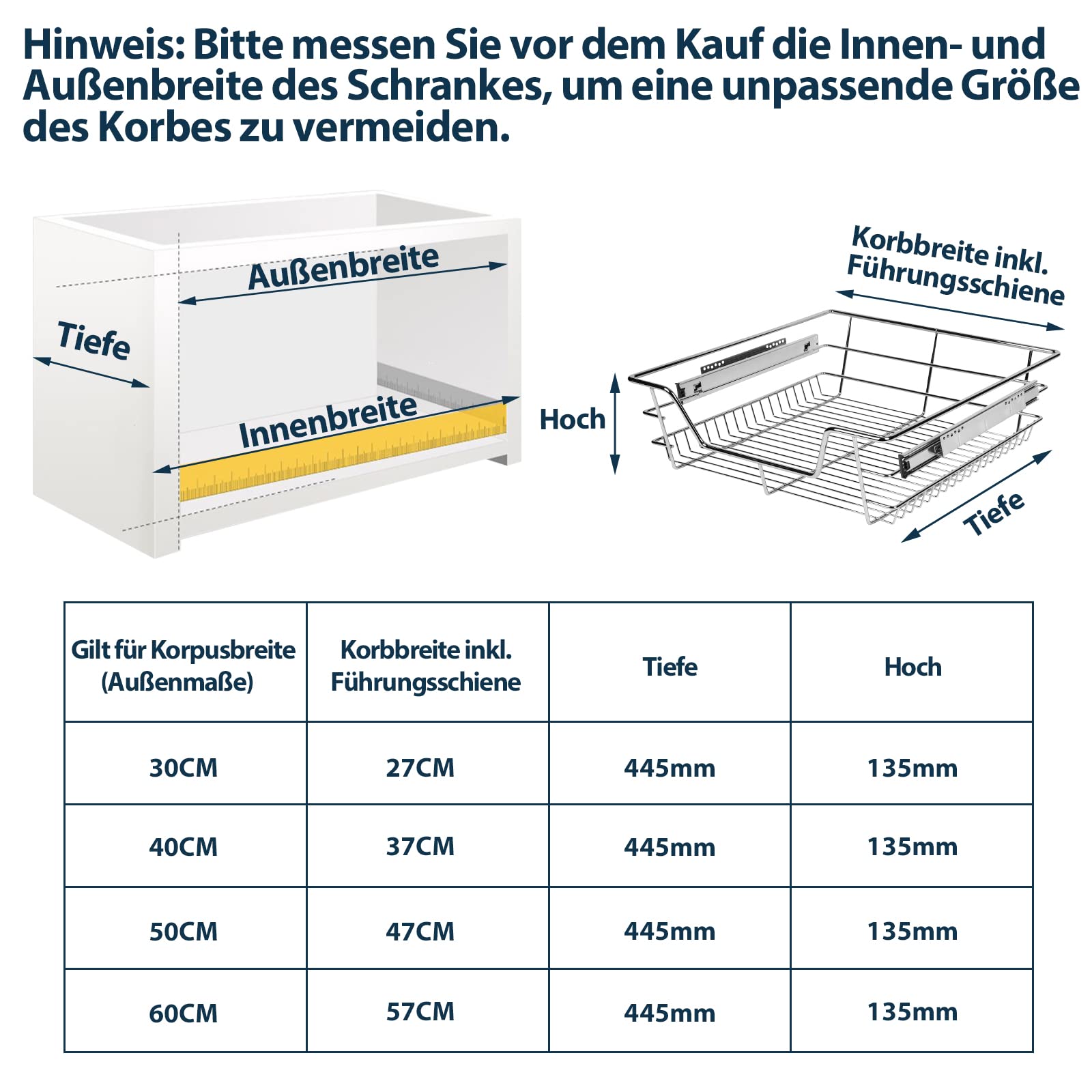 Jopassy Küchenschrank Auszug Korbauszug 30/40 50/60cm Teleskopschublade für Spülschrank