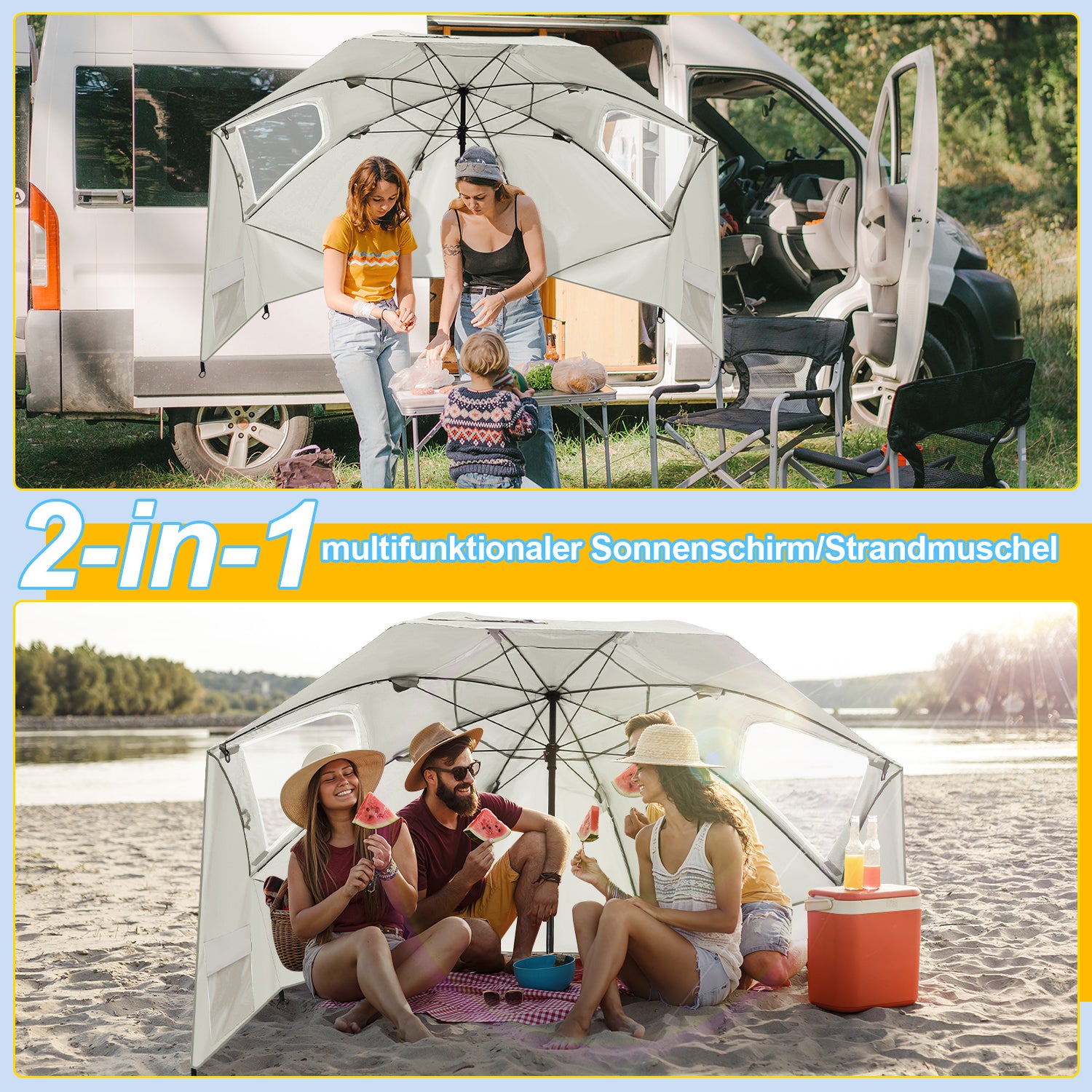 Jopassy Strandmuschel Ø210×220 cm, Sonnenschirm UV50+, 2-in-1 Alu Strandschirm mit Windschutz, faltbar & leicht