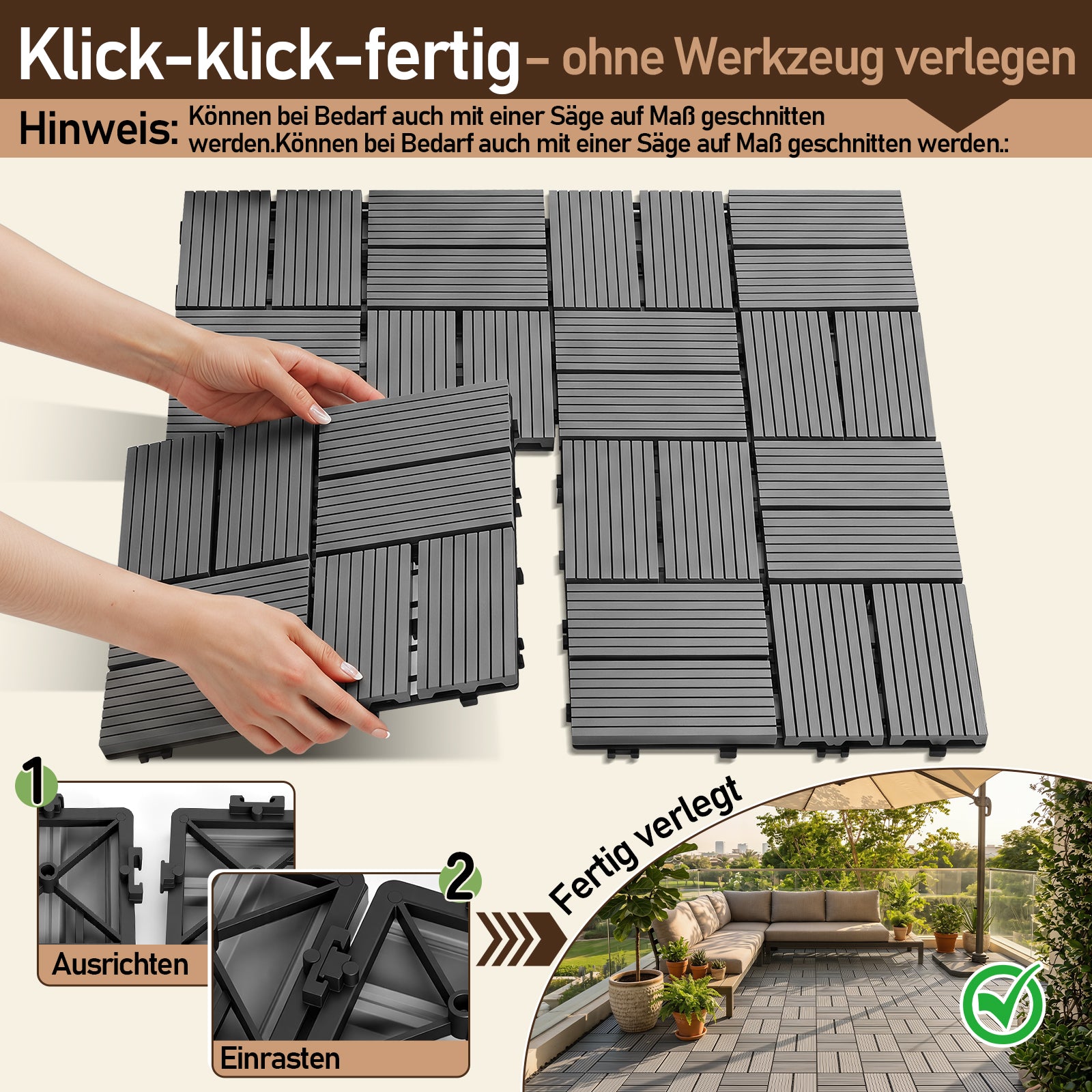 Jopassy PP Terrassenfliesen 30 x 30 cm für Balkon und Pool