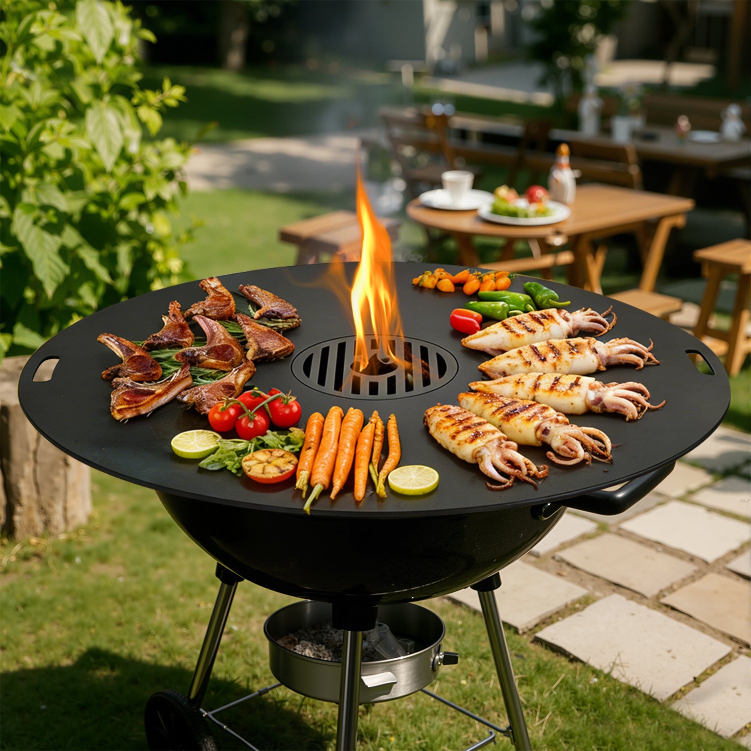 Jopassy Feuerplatte 80 cm aus 5 mm Carbonstahl mit herausnehmbarem Grilleinsatz