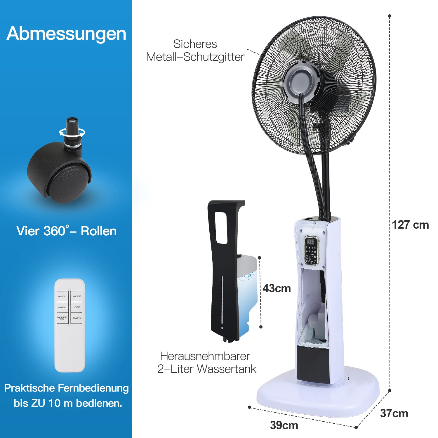 Jopassy Standventilator mit Wasserkühlung Ultraschall-Sprühfunktion