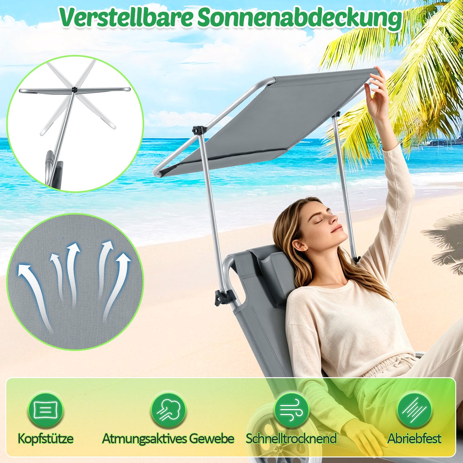 Jopassy 2-in-1 Aluminium Sonnenliege mit Rollen, Liegestuhl 5-Fach Verstellbarer Rückenlehne