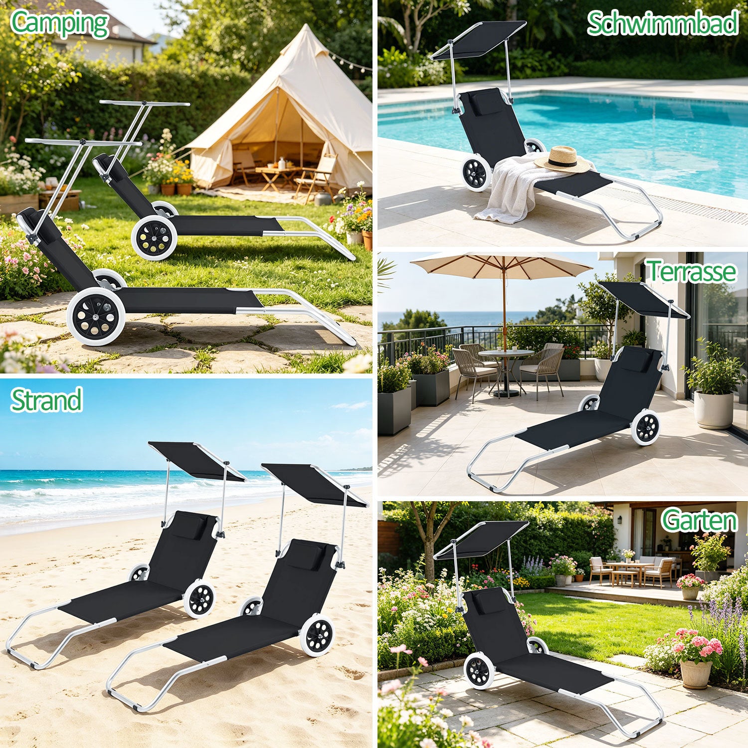 Jopassy 2-in-1 Aluminium Sonnenliege mit Rollen, Liegestuhl 5-Fach Verstellbarer Rückenlehne
