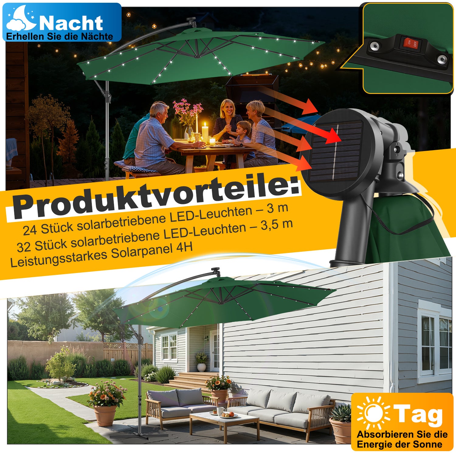 Jopassy Sonnenschirm 300/350 cm, Ampelschirm mit LED Solar, Kurbelschirm Sonnenschutz