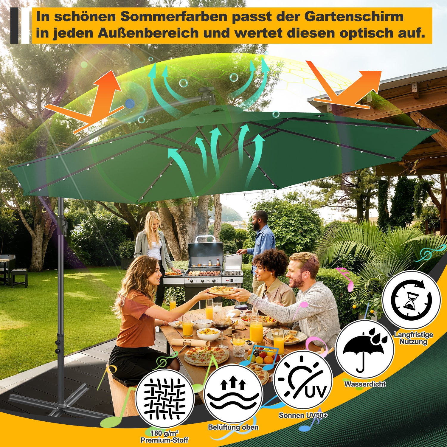 Jopassy Sonnenschirm 300/350 cm, Ampelschirm mit LED Solar, Kurbelschirm Sonnenschutz