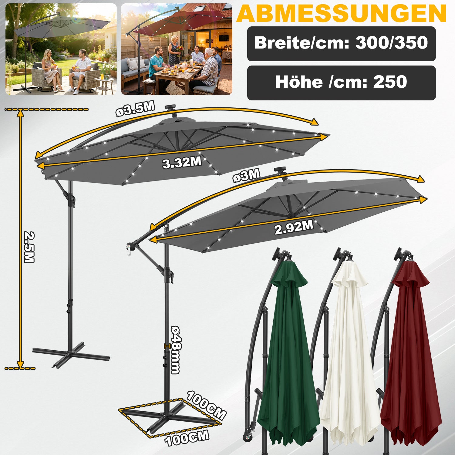 Jopassy Sonnenschirm 300/350 cm, Ampelschirm mit LED Solar, Kurbelschirm Sonnenschutz