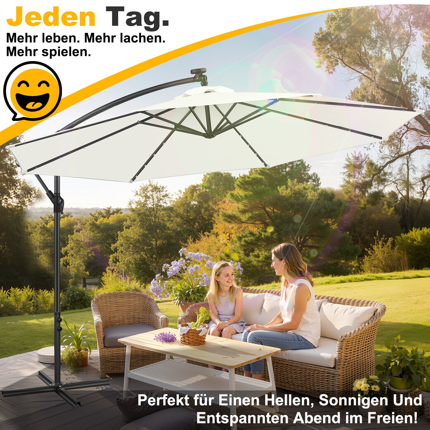 Jopassy Sonnenschirm 300/350 cm, Ampelschirm mit LED Solar, Kurbelschirm Sonnenschutz