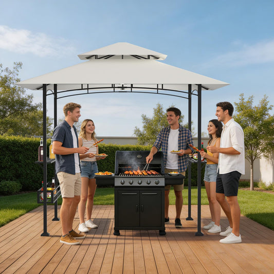 Jopassy Grillpavillon Beige 238 x 148 x 250 cm mit Seitenregalen für Garten BBQ
