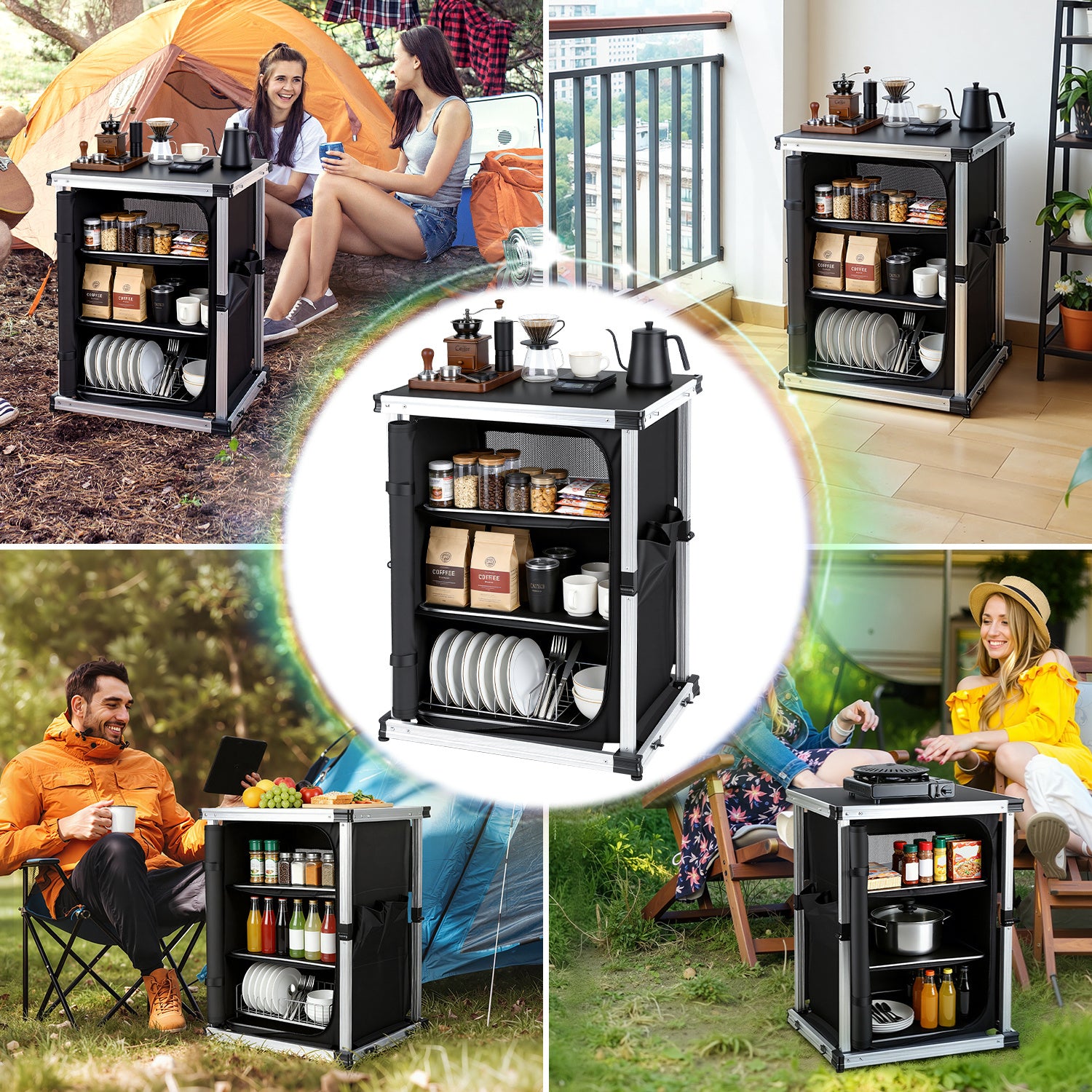 Jopassy Campingküche klappbar – faltbarer Campingschrank mit 3 Ablagen, 2 Netztaschen, Aluminiumrahmen & Tragetasche, mobiler Küchenschrank für Camping, Vanlife, Balkon & Garten