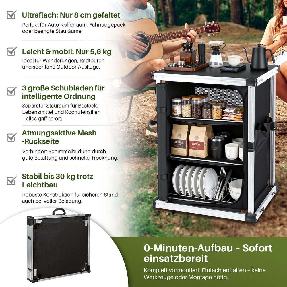 Jopassy Campingküche klappbar – faltbarer Campingschrank mit 3 Ablagen, 2 Netztaschen, Aluminiumrahmen & Tragetasche, mobiler Küchenschrank für Camping, Vanlife, Balkon & Garten
