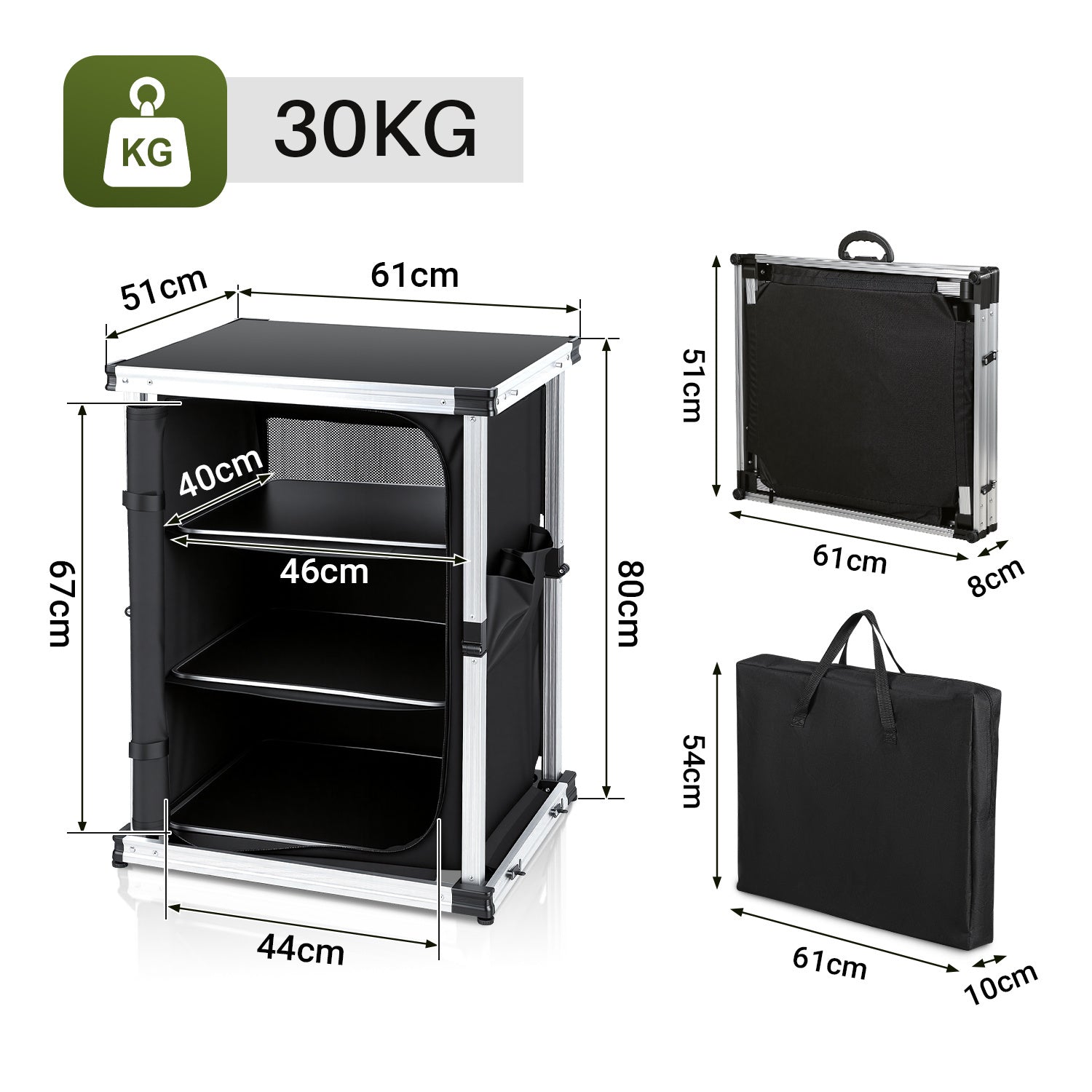 Jopassy Campingküche klappbar – faltbarer Campingschrank mit 3 Ablagen, 2 Netztaschen, Aluminiumrahmen & Tragetasche, mobiler Küchenschrank für Camping, Vanlife, Balkon & Garten