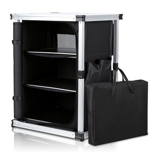 Jopassy Campingküche klappbar – faltbarer Campingschrank mit 3 Ablagen, 2 Netztaschen, Aluminiumrahmen & Tragetasche, mobiler Küchenschrank für Camping, Vanlife, Balkon & Garten