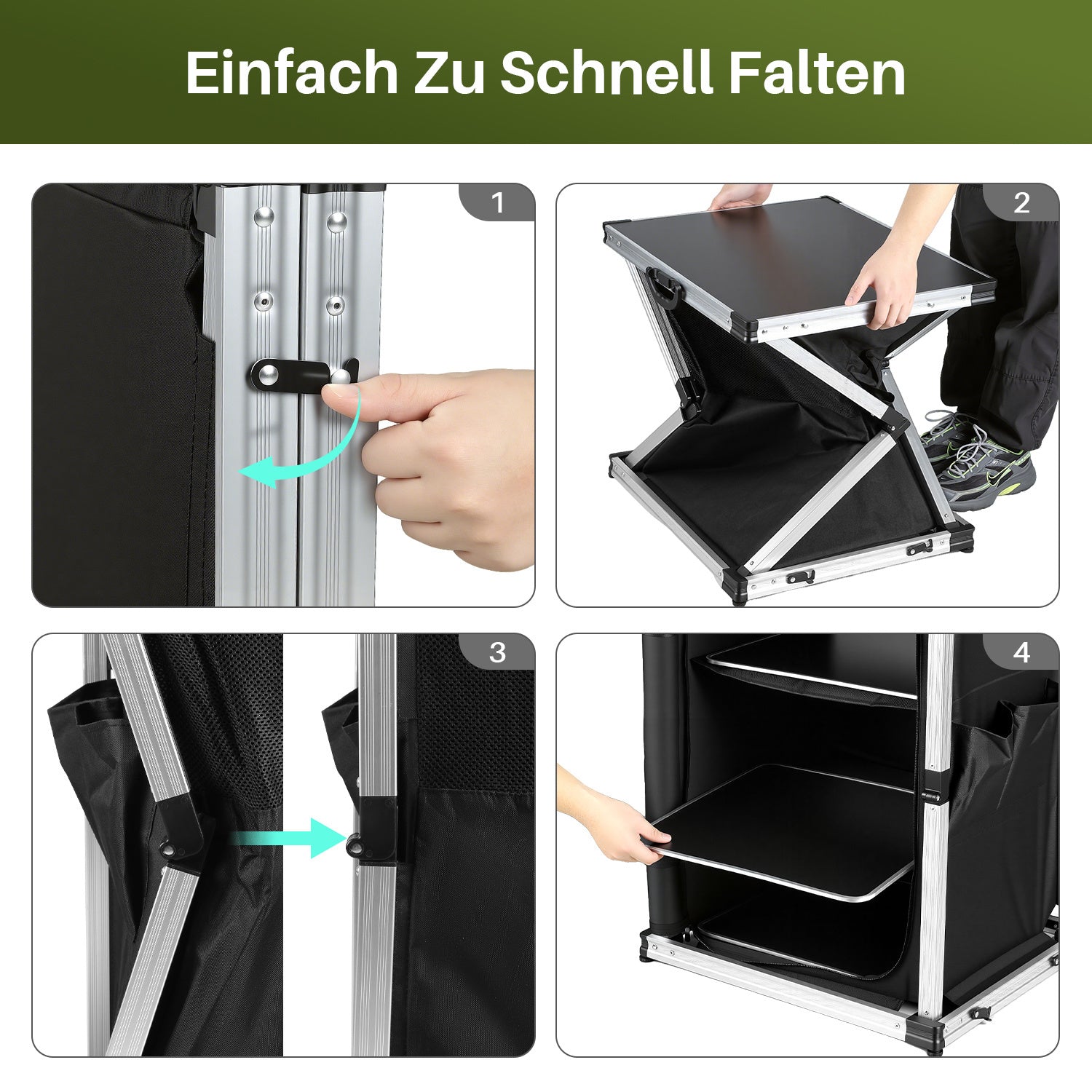 Jopassy Campingküche klappbar – faltbarer Campingschrank mit 3 Ablagen, 2 Netztaschen, Aluminiumrahmen & Tragetasche, mobiler Küchenschrank für Camping, Vanlife, Balkon & Garten