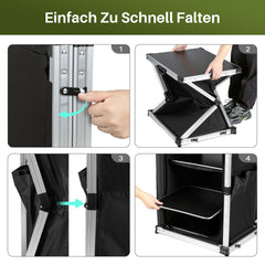 Jopassy Campingküche klappbar – faltbarer Campingschrank mit 3 Ablagen, 2 Netztaschen, Aluminiumrahmen & Tragetasche, mobiler Küchenschrank für Camping, Vanlife, Balkon & Garten