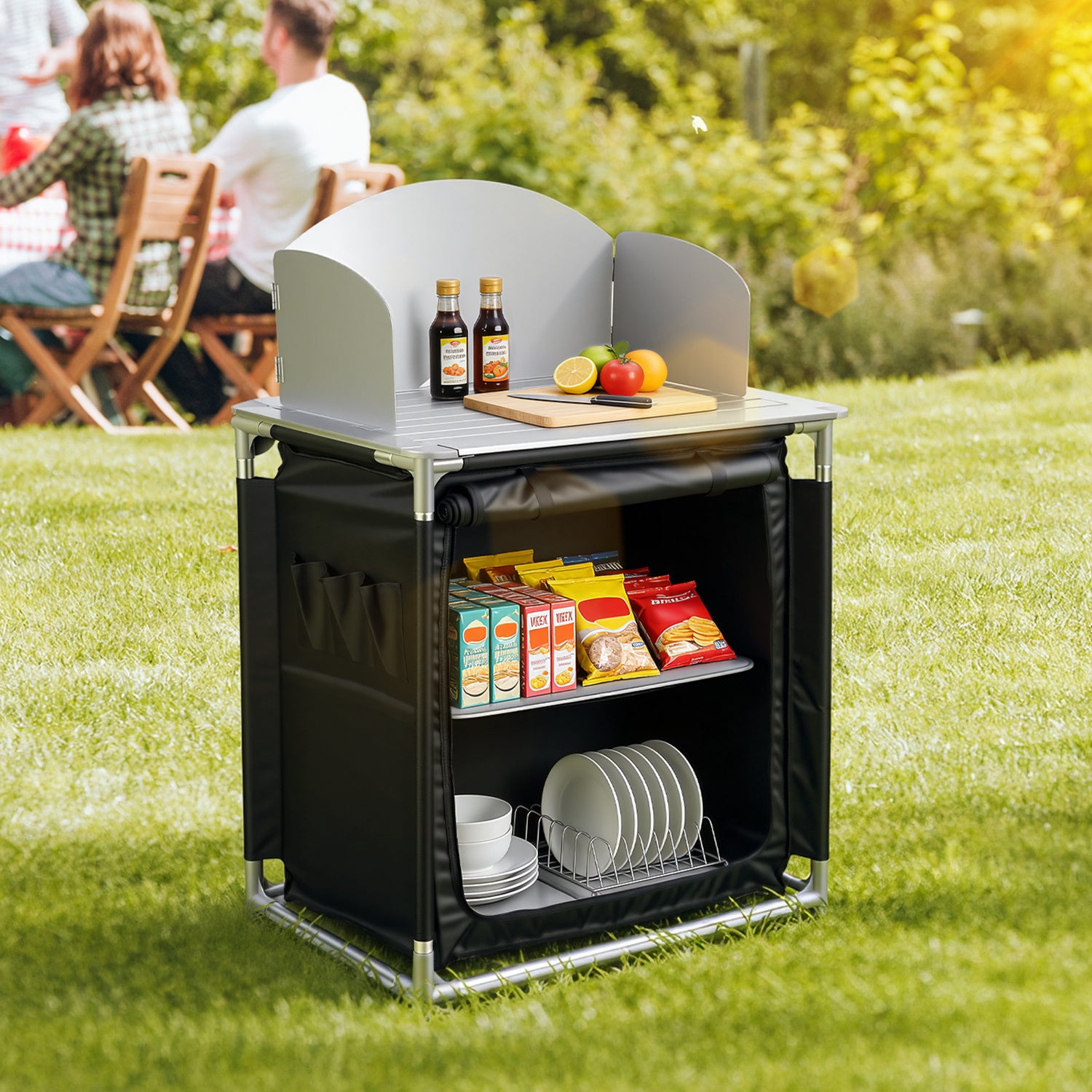 Jopassy Campingküche klappbar – faltbarer Campingschrank / Reiseküche mit Doppel-Schubladen, Windschutz, Aluminiumrahmen & Tragetasche für Camping, Balkon & Garten