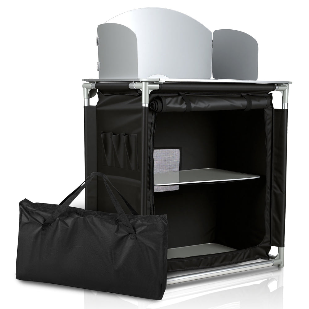Jopassy Campingküche klappbar – faltbarer Campingschrank / Reiseküche mit Doppel-Schubladen, Windschutz, Aluminiumrahmen & Tragetasche für Camping, Balkon & Garten