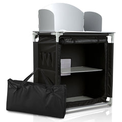 Jopassy Campingküche klappbar – faltbarer Campingschrank / Reiseküche mit Doppel-Schubladen, Windschutz, Aluminiumrahmen & Tragetasche für Camping, Balkon & Garten