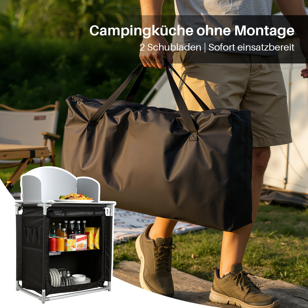 Jopassy Campingküche klappbar – faltbarer Campingschrank / Reiseküche mit Doppel-Schubladen, Windschutz, Aluminiumrahmen & Tragetasche für Camping, Balkon & Garten