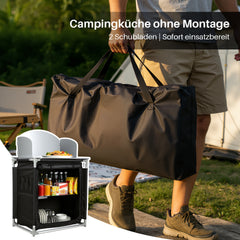 Jopassy Campingküche klappbar – faltbarer Campingschrank / Reiseküche mit Doppel-Schubladen, Windschutz, Aluminiumrahmen & Tragetasche für Camping, Balkon & Garten