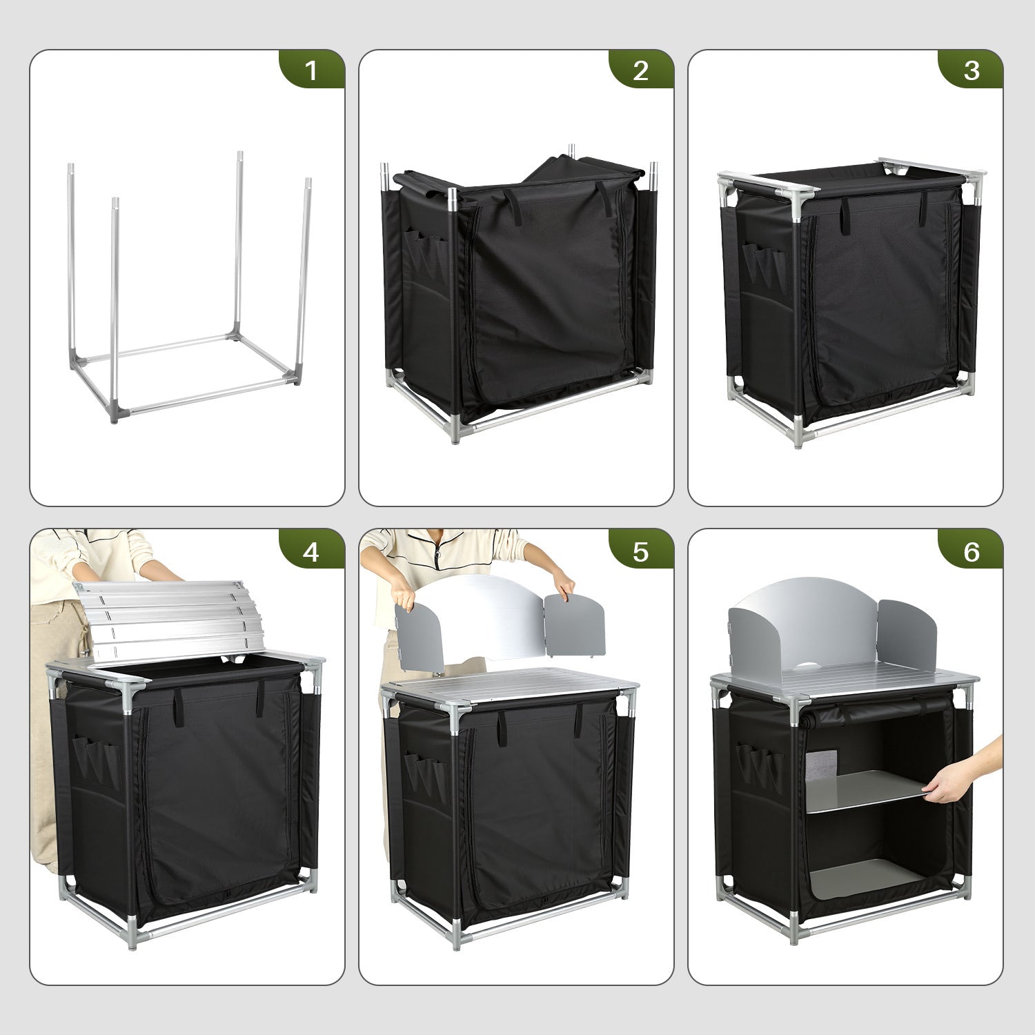 Jopassy Campingküche klappbar – faltbarer Campingschrank / Reiseküche mit Doppel-Schubladen, Windschutz, Aluminiumrahmen & Tragetasche für Camping, Balkon & Garten