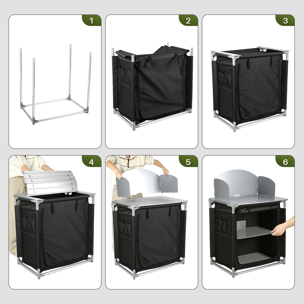 Jopassy Campingküche klappbar – faltbarer Campingschrank / Reiseküche mit Doppel-Schubladen, Windschutz, Aluminiumrahmen & Tragetasche für Camping, Balkon & Garten