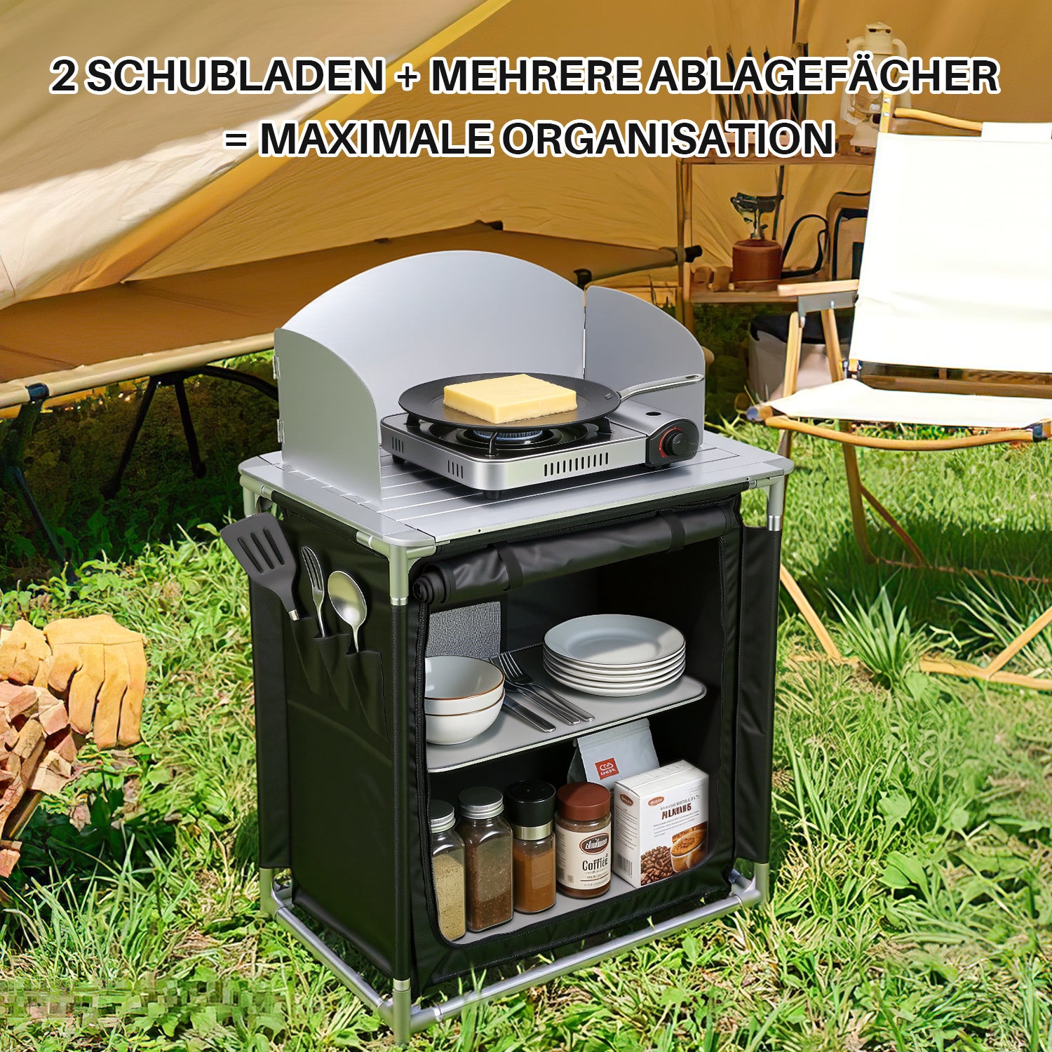 Jopassy Campingküche klappbar – faltbarer Campingschrank / Reiseküche mit Doppel-Schubladen, Windschutz, Aluminiumrahmen & Tragetasche für Camping, Balkon & Garten
