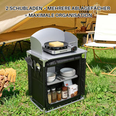 Jopassy Campingküche klappbar – faltbarer Campingschrank / Reiseküche mit Doppel-Schubladen, Windschutz, Aluminiumrahmen & Tragetasche für Camping, Balkon & Garten