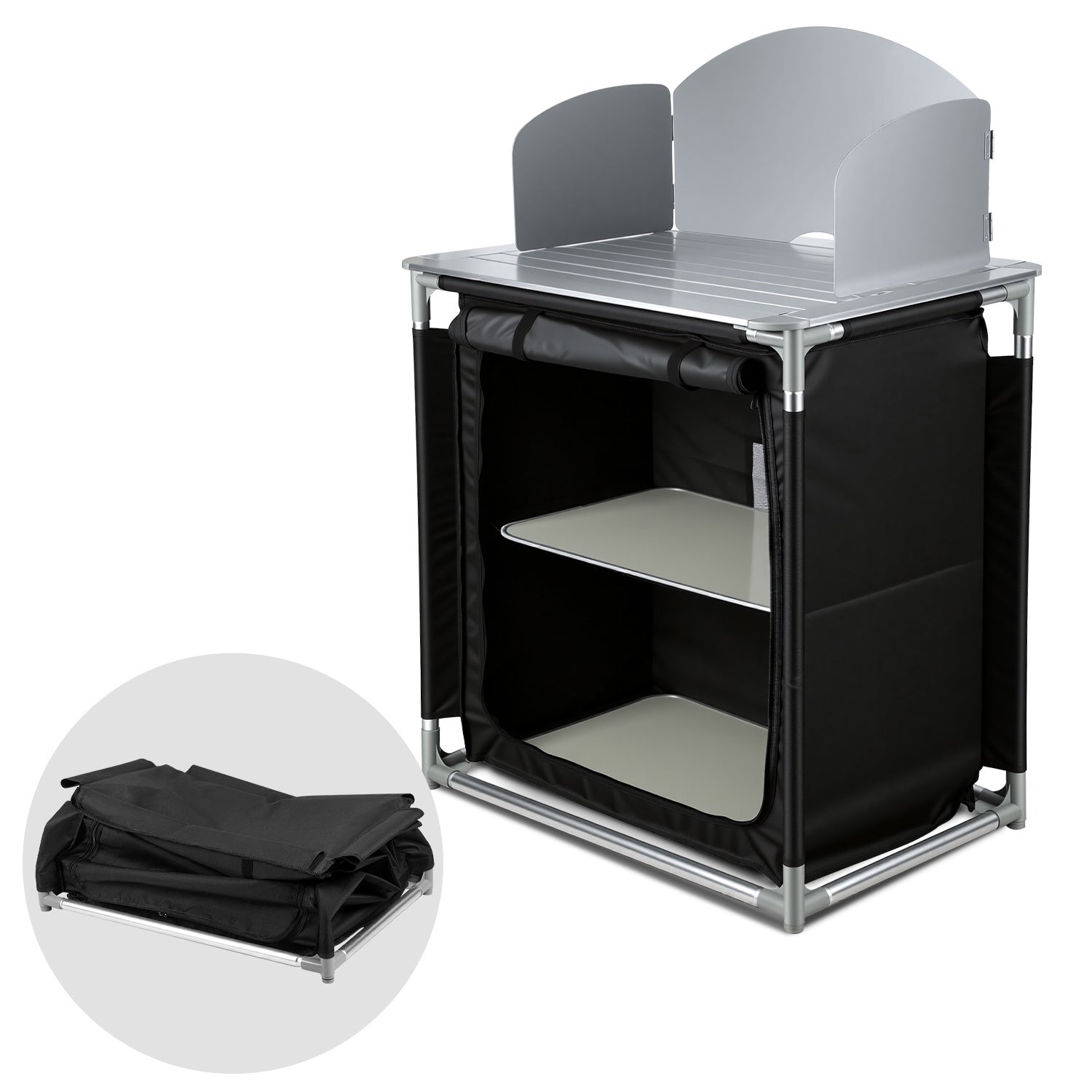Jopassy Campingküche klappbar – faltbarer Campingschrank / Reiseküche mit Doppel-Schubladen, Windschutz, Aluminiumrahmen & Tragetasche für Camping, Balkon & Garten