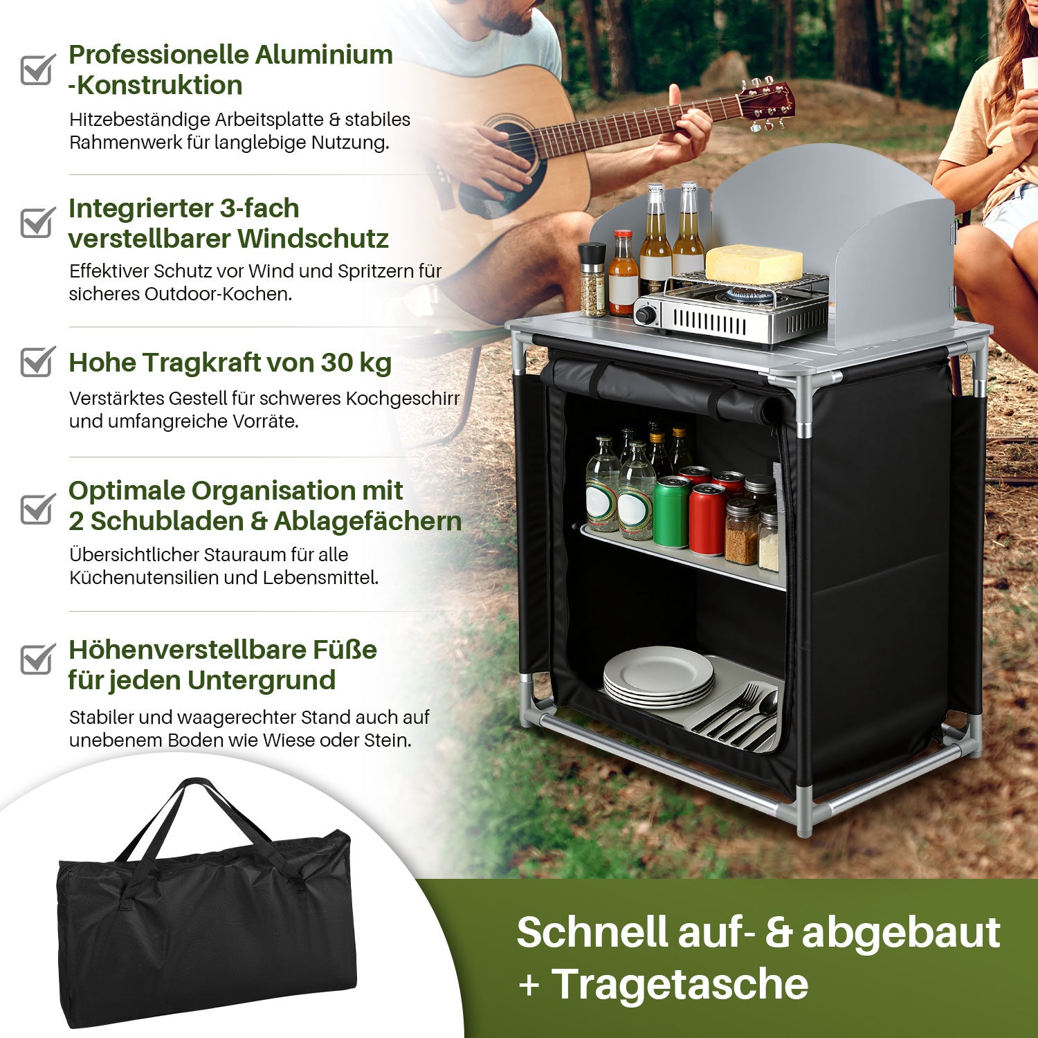 Jopassy Campingküche klappbar – faltbarer Campingschrank / Reiseküche mit Doppel-Schubladen, Windschutz, Aluminiumrahmen & Tragetasche für Camping, Balkon & Garten